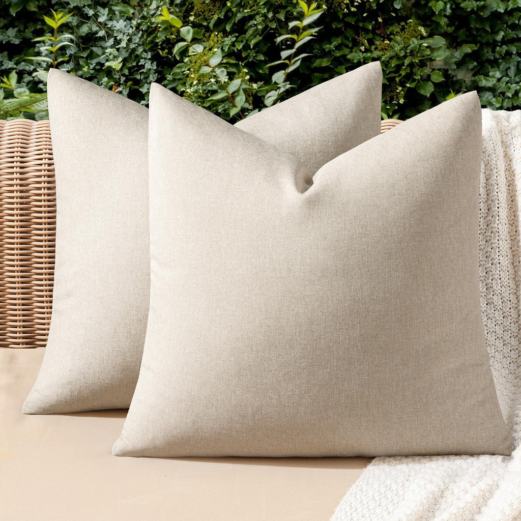 Miulee Pack of 2 Decorative Outdoor Solid Waterproof Throw Pillow Covers Euro Sham Faux Linen Garden Farmhouse Cushion Cases for Patio Tent…