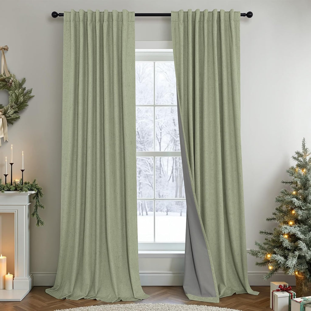 Pitalk Sage Green Room Darkening Curtains for Bedroom 108 Inch Extra Long 2 Panels Black Out Dark Academia Decor Linen Textured Blocking Li…