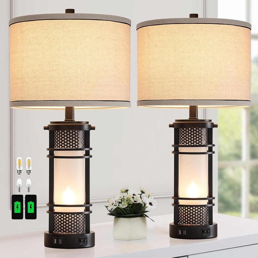 AIEAMPDO Set of 2 Modern Table Lamps for Living Room, Contemporary Nightstand Lamp with Dual USB Port, Bedside Lamps with White Frosted…