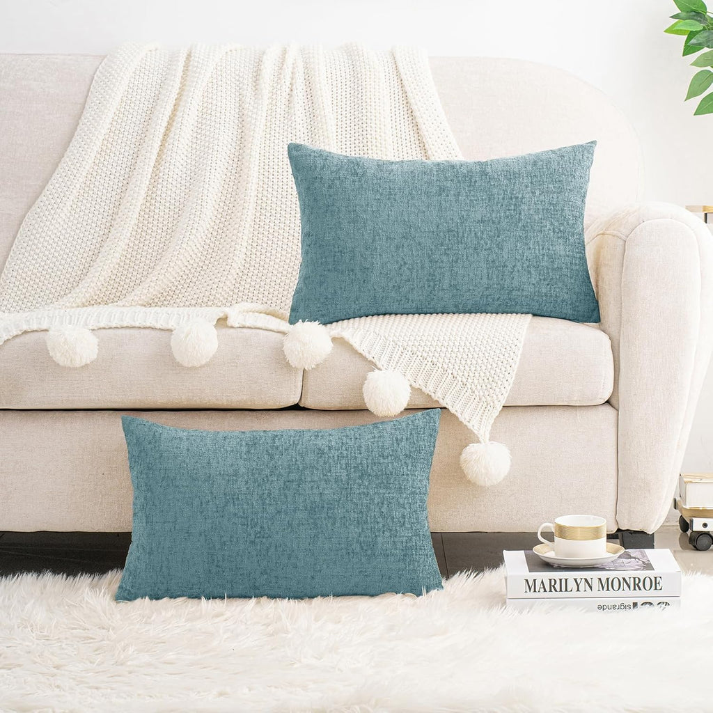 Hwy50 HWY 50 Smoky Blue Lumbar Pillow Covers 12x20 Inch Pack of 2, Soft Chenille Decorative Throw Pillow Covers Farmhouse for Couch Sofa Li…