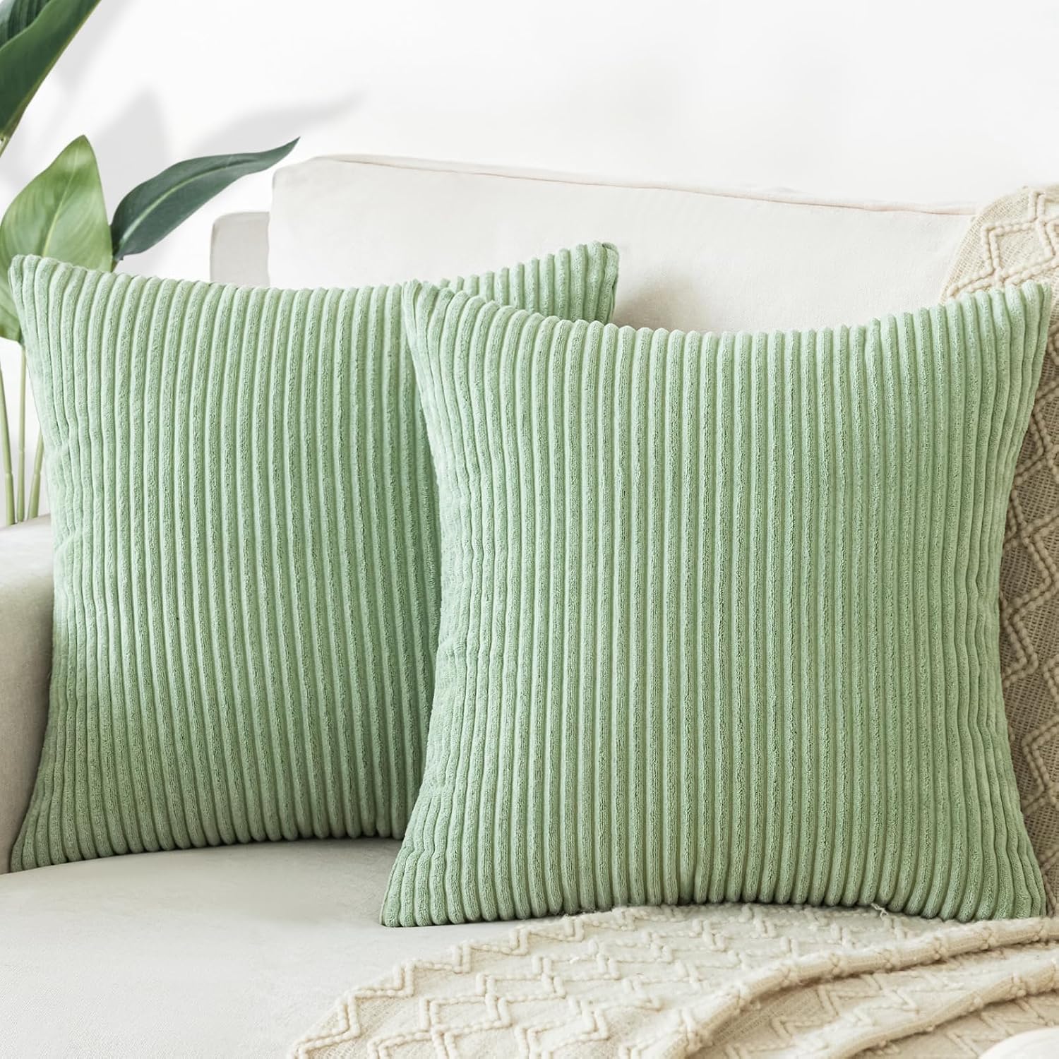 Softalker Throw Pillow Covers 18x18, Set of 2 Decorative Soft Corduroy Striped Boho Pillow Covers, Outdoor Cushion Pillow Cases for Spring,…