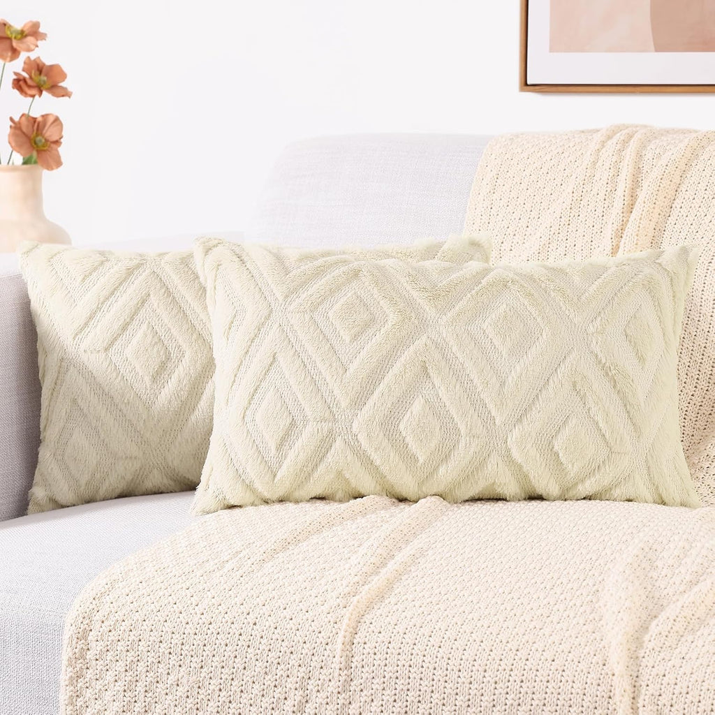 decorUhome Summer Couch Throw Pillow Covers 12x20 Set of 2, Decorative Soft Plush Faux Fur Wool Lumbar Accent Pillow Covers for Modern Farm…