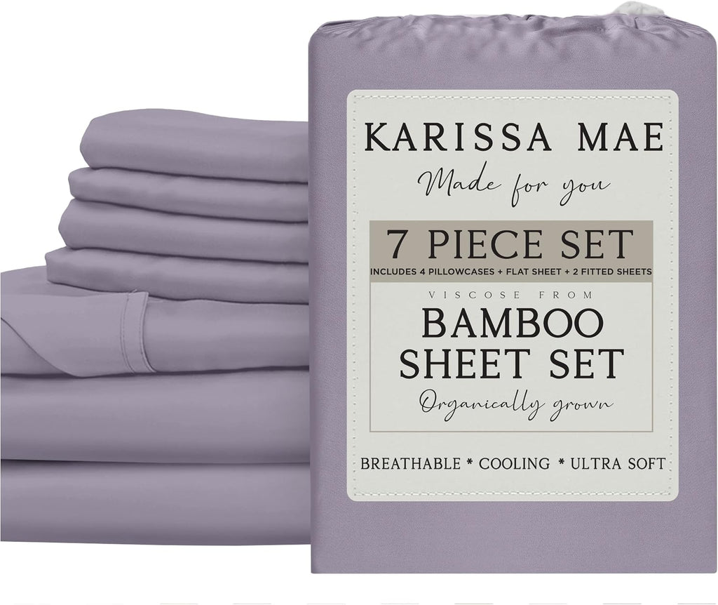 KARISSA MAE 7 Piece Pure Viscose from Bamboo Split King Size Sheet Set | 100% FSC Certified | Luxuriously Soft | Cooling | 18" Deep…