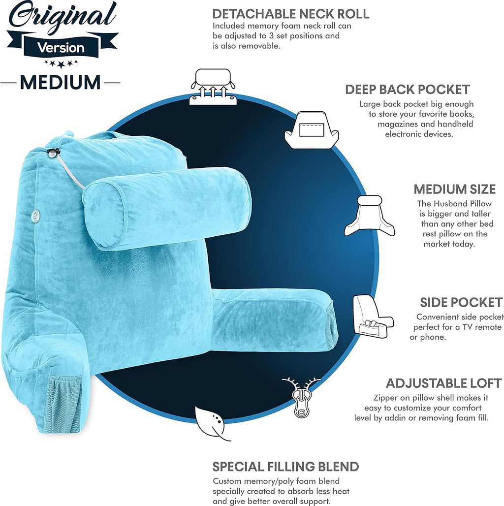 Husband Pillow Medium Reading Pillow with Arms - 23" Backrest for Sitting Up in Bed - Firm Support Bed Rest Pillow for Adults, Neck Roll…