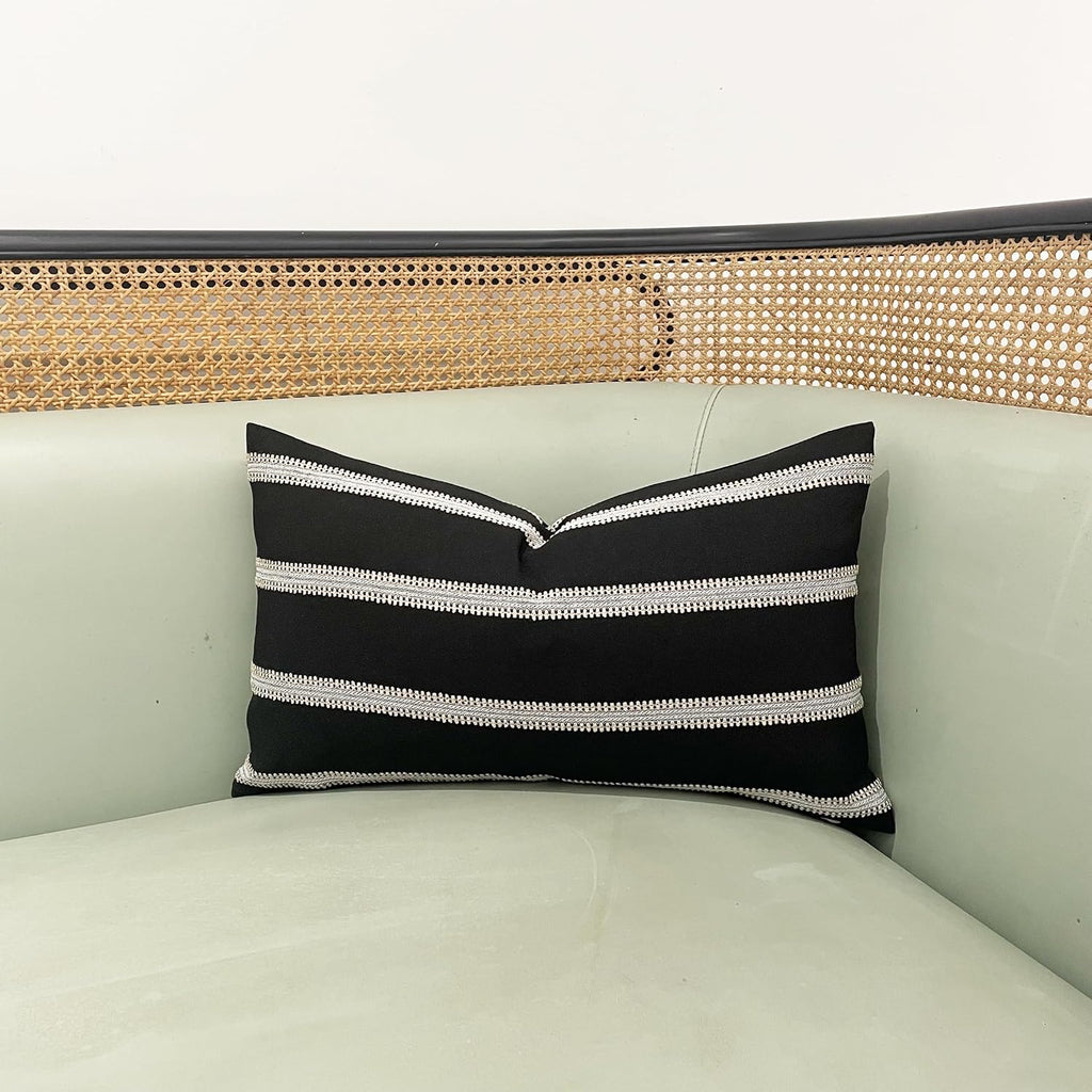 Slow Cow Decorative Rectangular Throw Pillow Cover Textured Woven Stripe Lumbar Accent Cushion Cover for Couch Sofa 12 x 20 Inches Black…