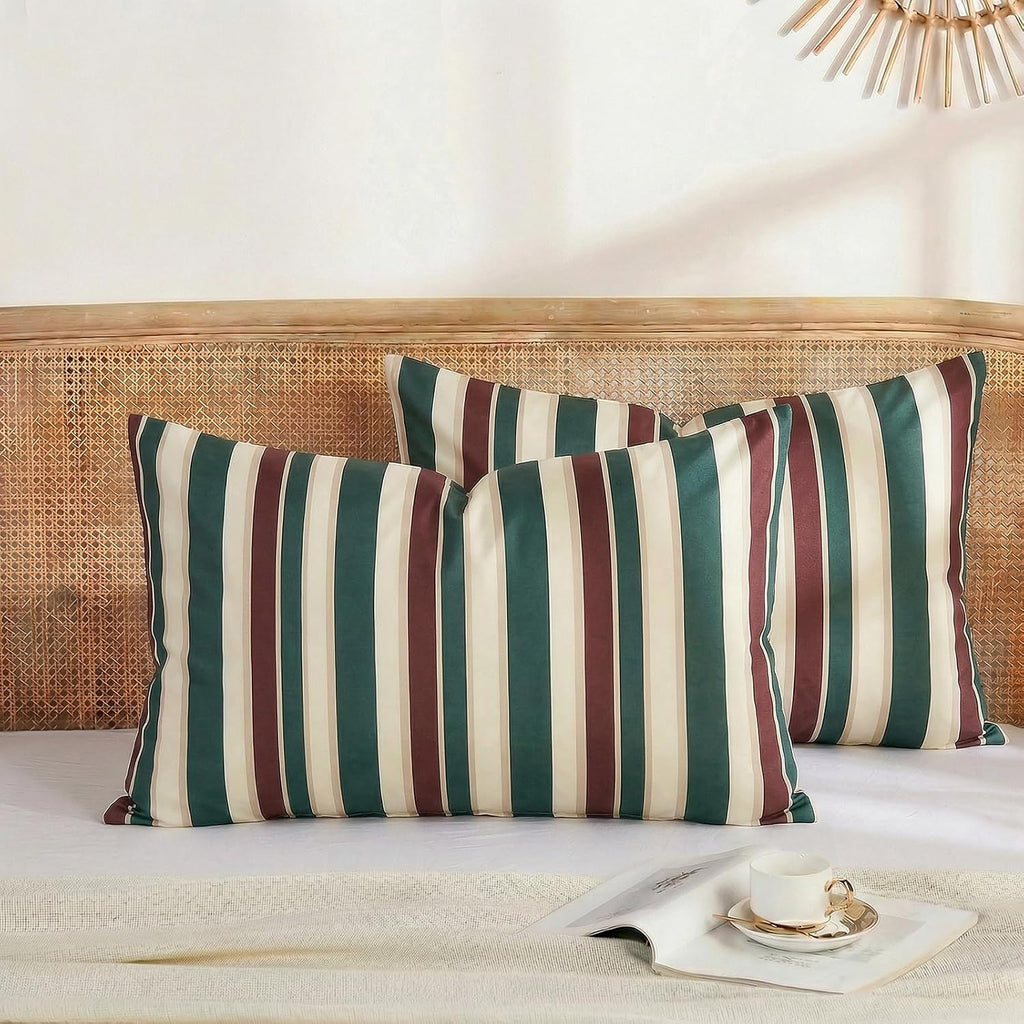 Merryword 100% Cotton Pillow Cases, Queen Size Pillowcases, Green Striped Pillowcases, Luxury Linen Like Pillowcase, Soft Breathable Cabana…