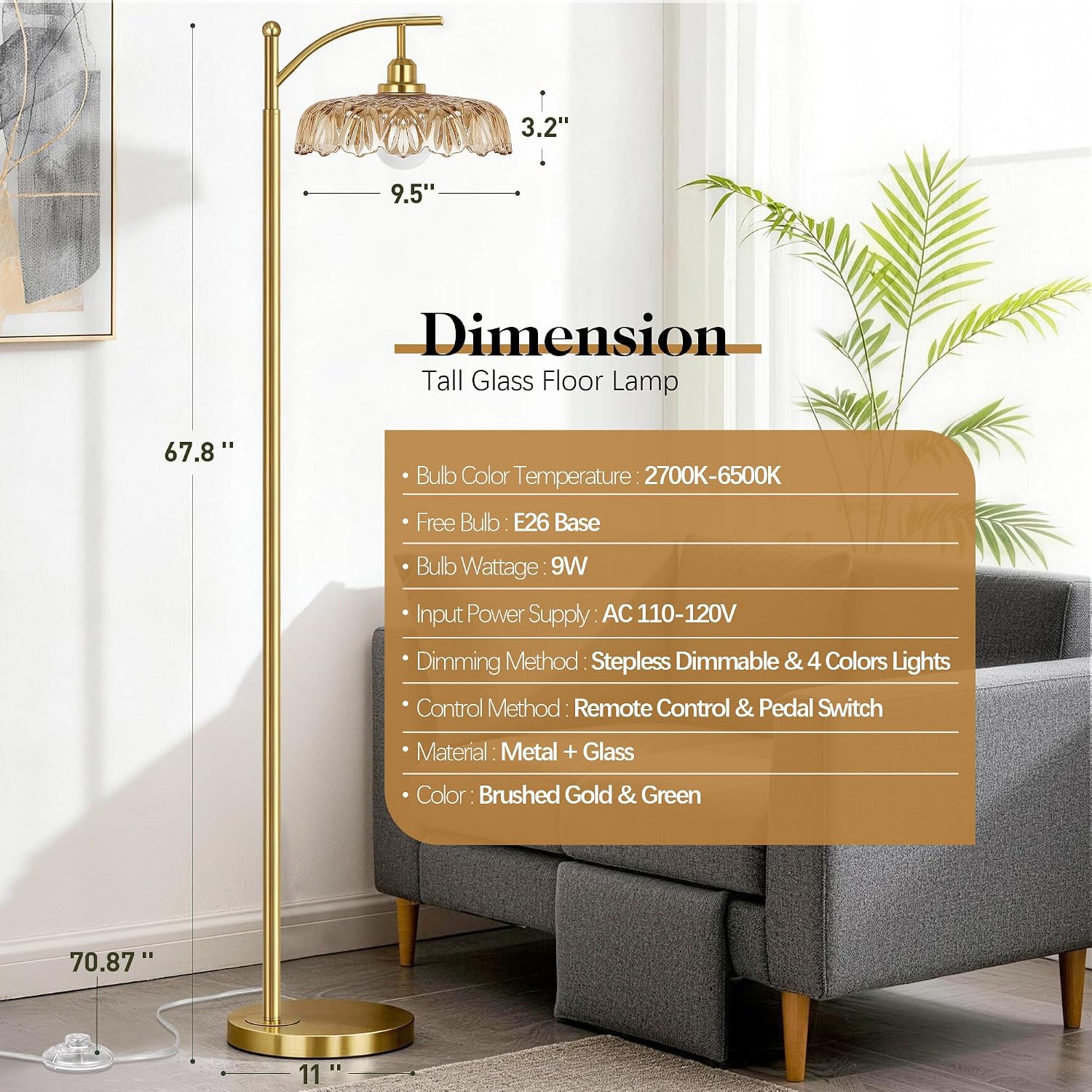 Gold Floor Lamp for Living Room, Dimmable Mid Century Modern Standing Lamp with Remote Control and Amber Glass Shade, 68" Tall Lamp for…