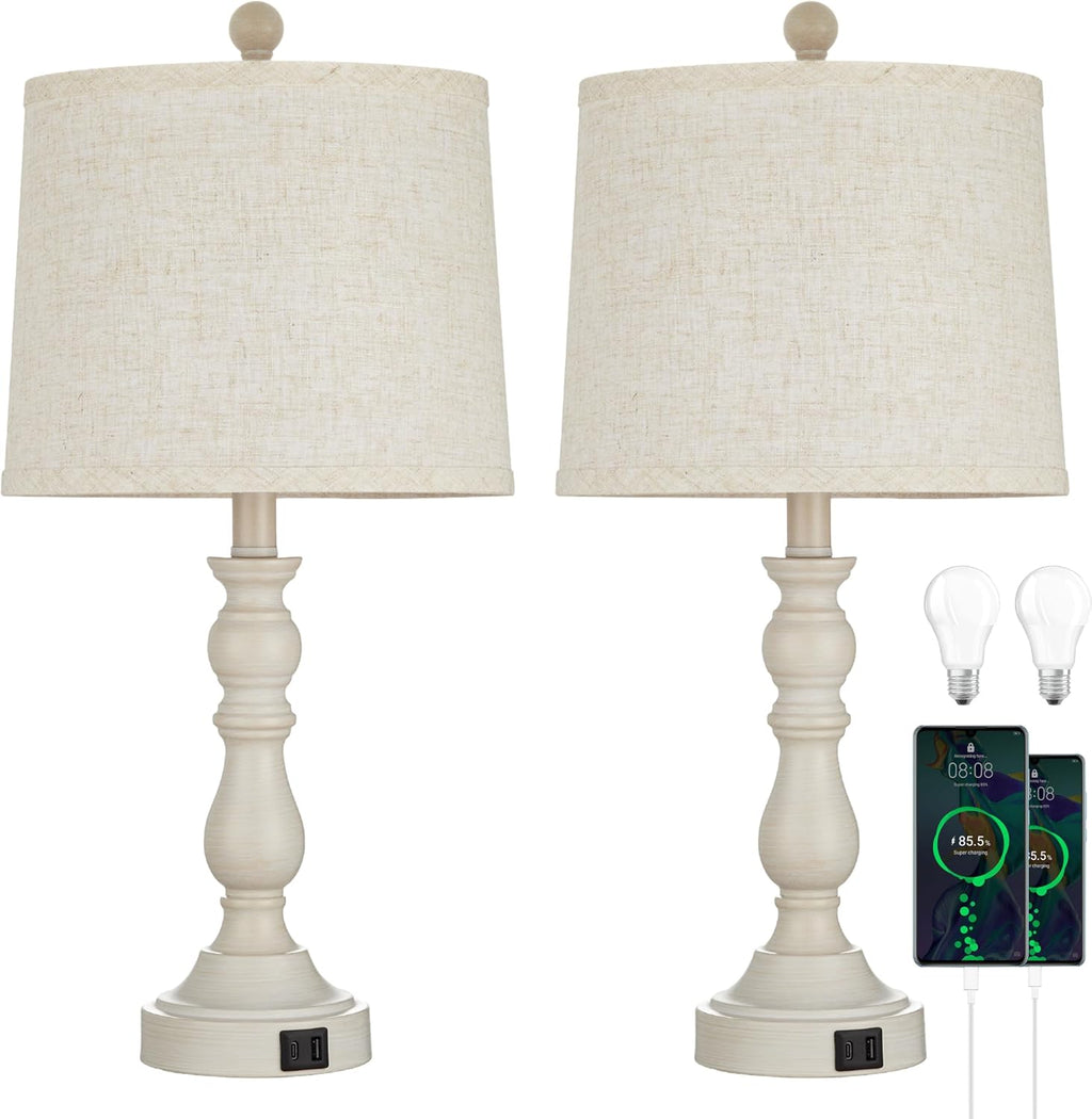 Farmhouse Side Table Lamps for Living Room Set of 2 with USB C+A Ports, Bedside Lamp for Bedroom, Dining Room Decor, Office, End Table…