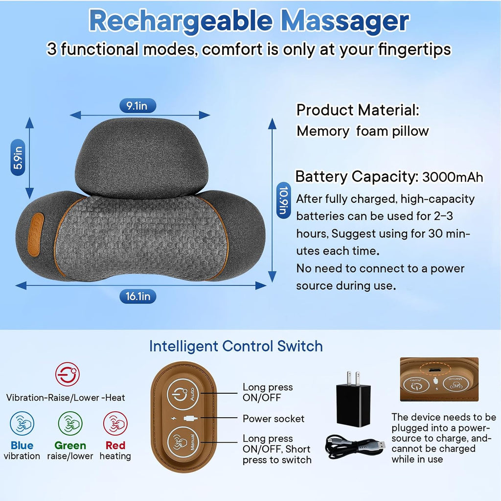 Gifey 3-in-1 Rechargeable Neck Massager Pillow with Heat, Vibration & Traction, Deep Tissue, Neck Hump Corrector & Cervical Support for Ho…