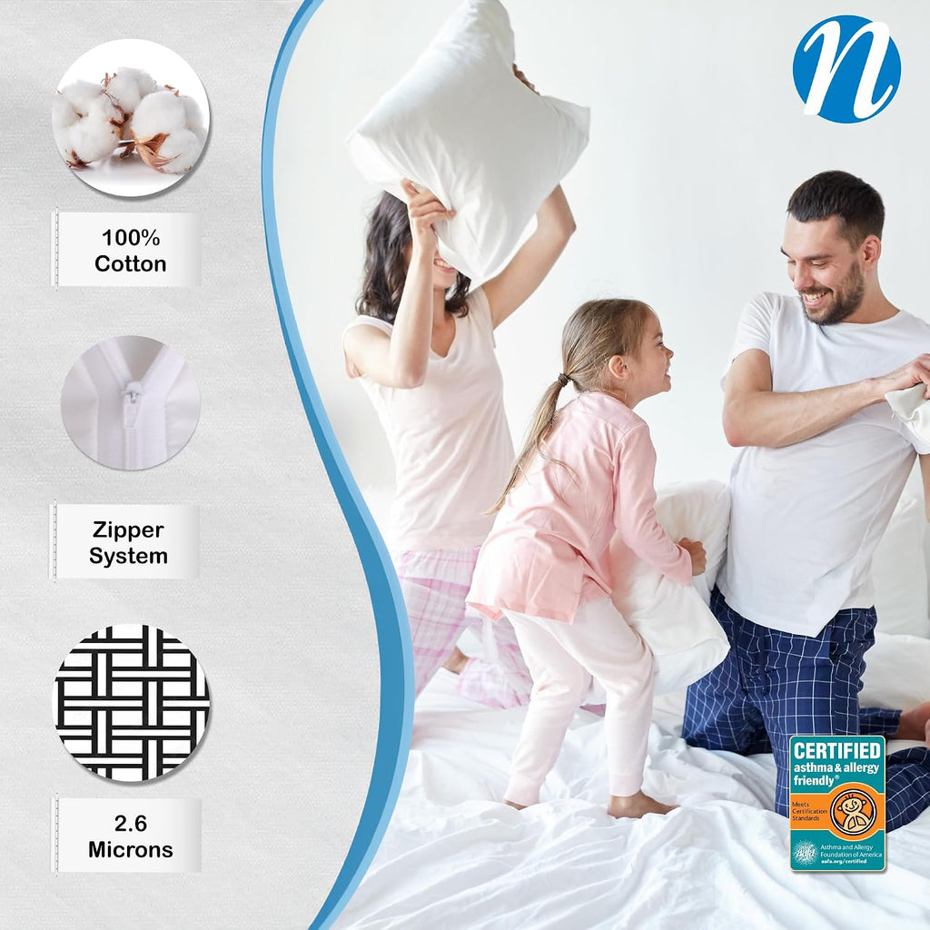 NationalAllergy National Allergy 100% Cotton Zippered Pillow Protector - King Size - White - 4 Pack - 300 Thread Count - Hypoallergenic Bed…