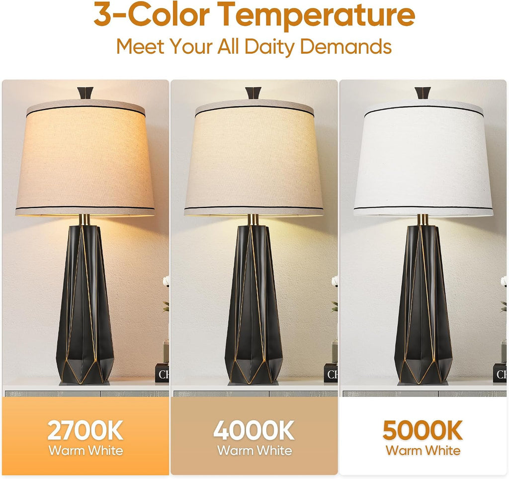 WIHTU Modern Table Lamp Set of 2, 3 Color Temperature Table Lamps for Living Room, 27'' Beside Lamp with Linen Shade, Black with Gold Rim…