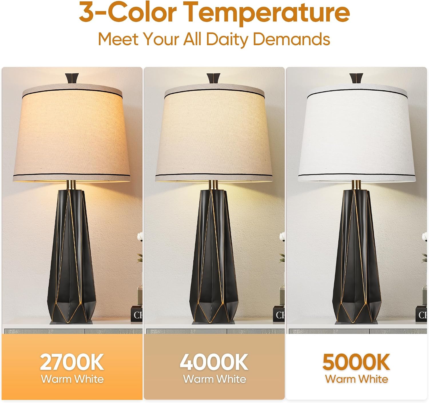 WIHTU Modern Table Lamp Set of 2, 3 Color Temperature Table Lamps for Living Room, 27'' Beside Lamp with Linen Shade, Black with Gold Rim…