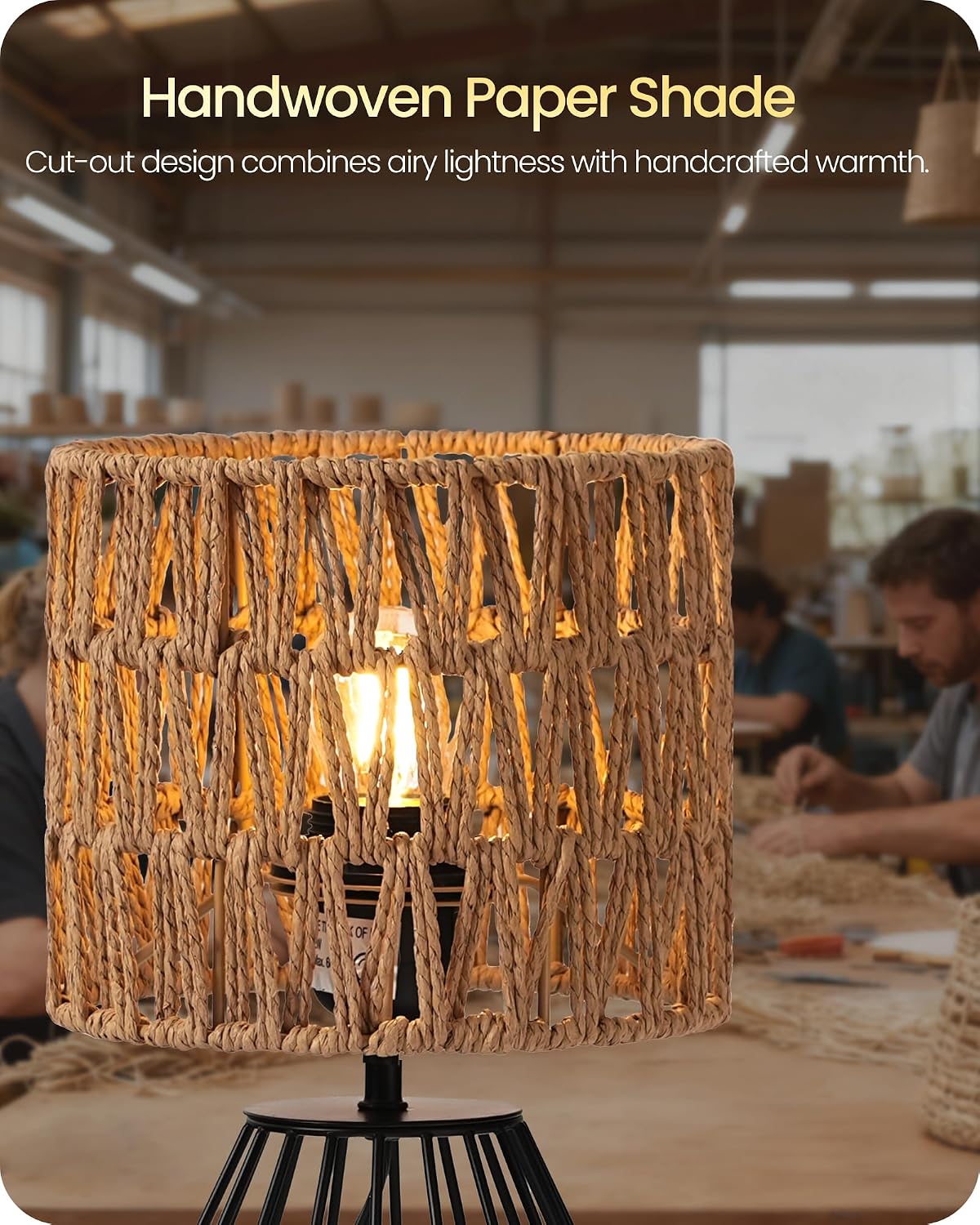 Rattan Table Lamp, Boho Table Lamp, Small Bedside Lamp, Handwoven Paper Lampshade, 2700K LED Bulb Included, Boho Desk Lamp, Modern…