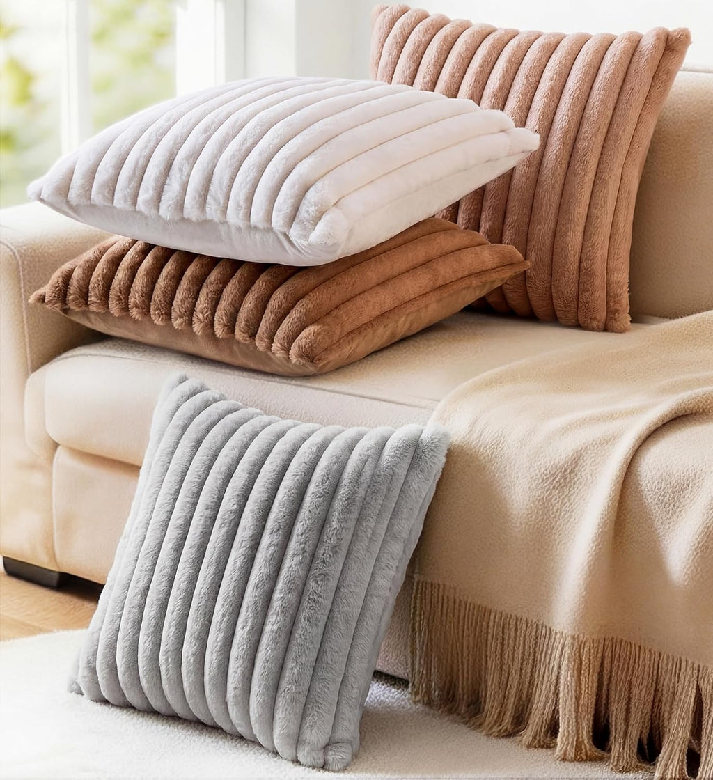 MEGAYES Pack of 2 Throw Pillow Covers 18x18 Decorative Solid Plush Faux Fur with Soft Velvet Back, Square Striped Cushion Cases Mode…