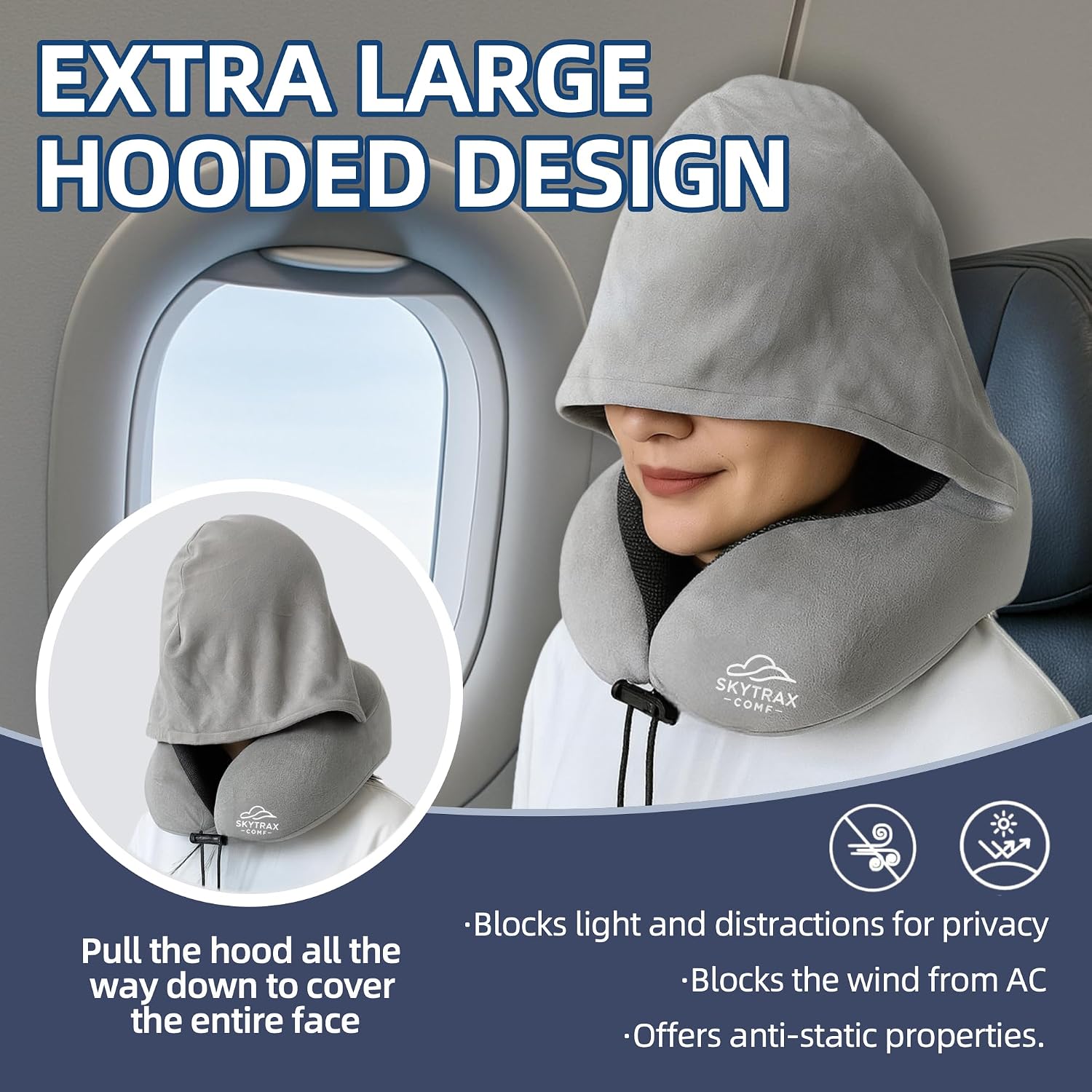 Travel Pillow with Extra Large Hood for Airplane Long Flights Privacy and Comfort Memory Foam with Velvet Cover for Road Trip Head&Neck…