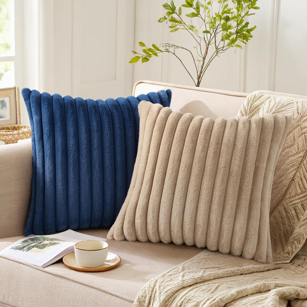 Pallene Faux Fur Plush Throw Pillow Covers 18x18 Set of 2, Luxury Soft Fluffy Striped Decorative Pillow Covers for Sofa, Couch, Living…