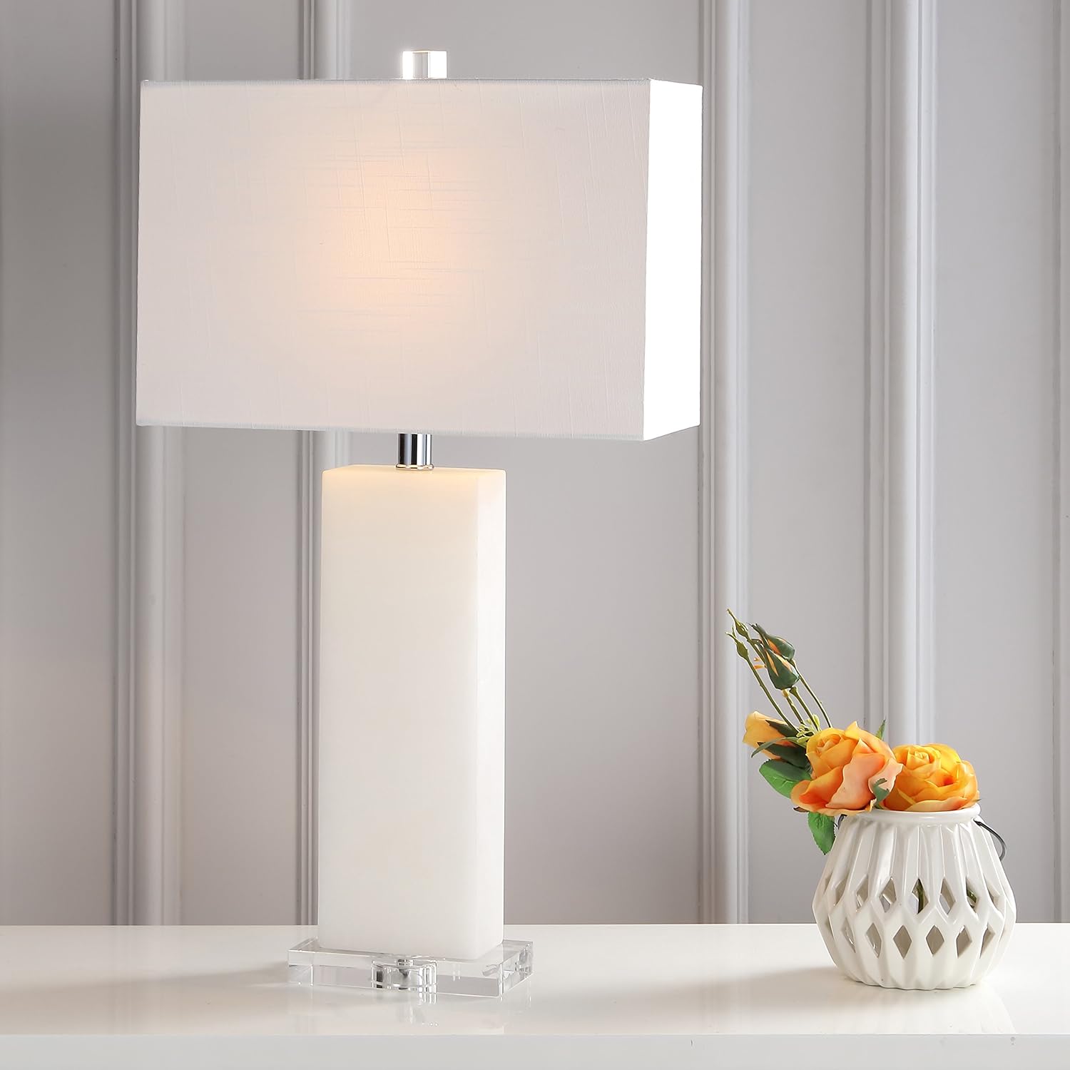 JONATHAN Y 27" White Alabaster Rectangular Table Lamp Contemporary Modern Bedside Nightstand Lamp for Living Room Bedroom with White…