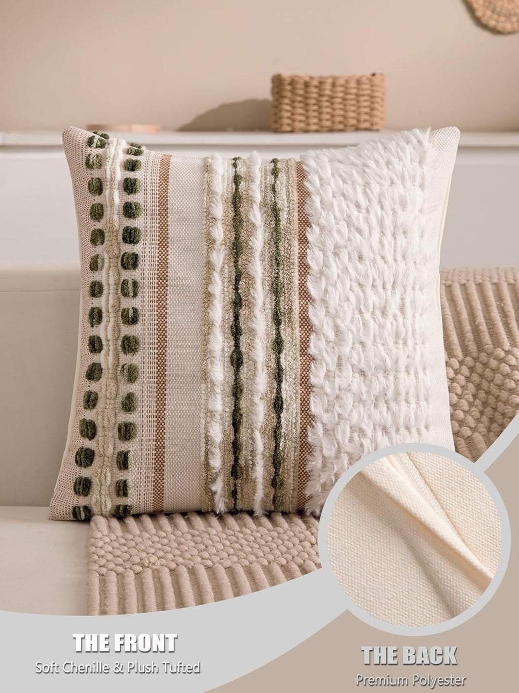 Boho Chenille Tufted Couch Throw Pillow Covers 18x18 Inch Set of 2 Farmhouse Striped Decorative Pillow Covers Accent Neutral Square…