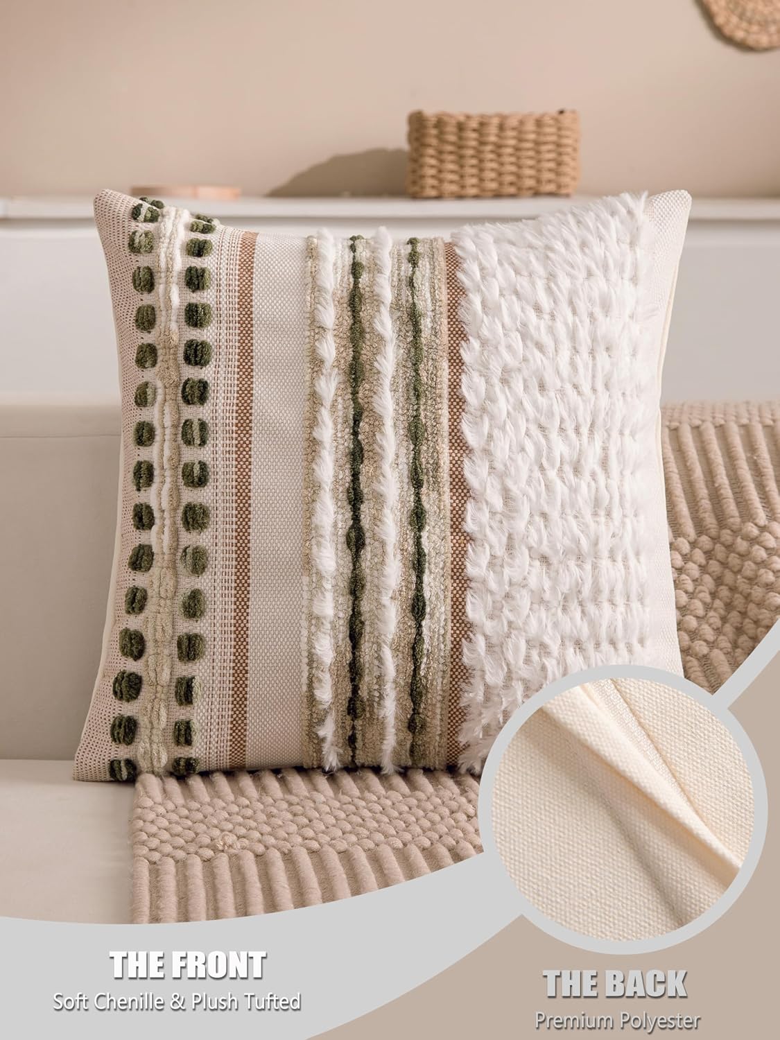 Boho Chenille Tufted Couch Throw Pillow Covers 18x18 Inch Set of 2 Farmhouse Striped Decorative Pillow Covers Accent Neutral Square…