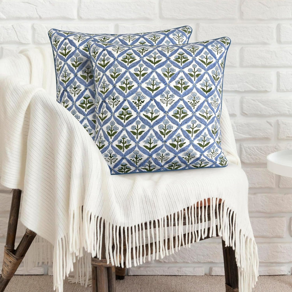 Ridhi Block Print Light Steel Blue Pillow Cover 18" x 18" (Pack of 2) Decorative Couch Pillows for Living Room, Chic Boho Cute Outdoor Pill…