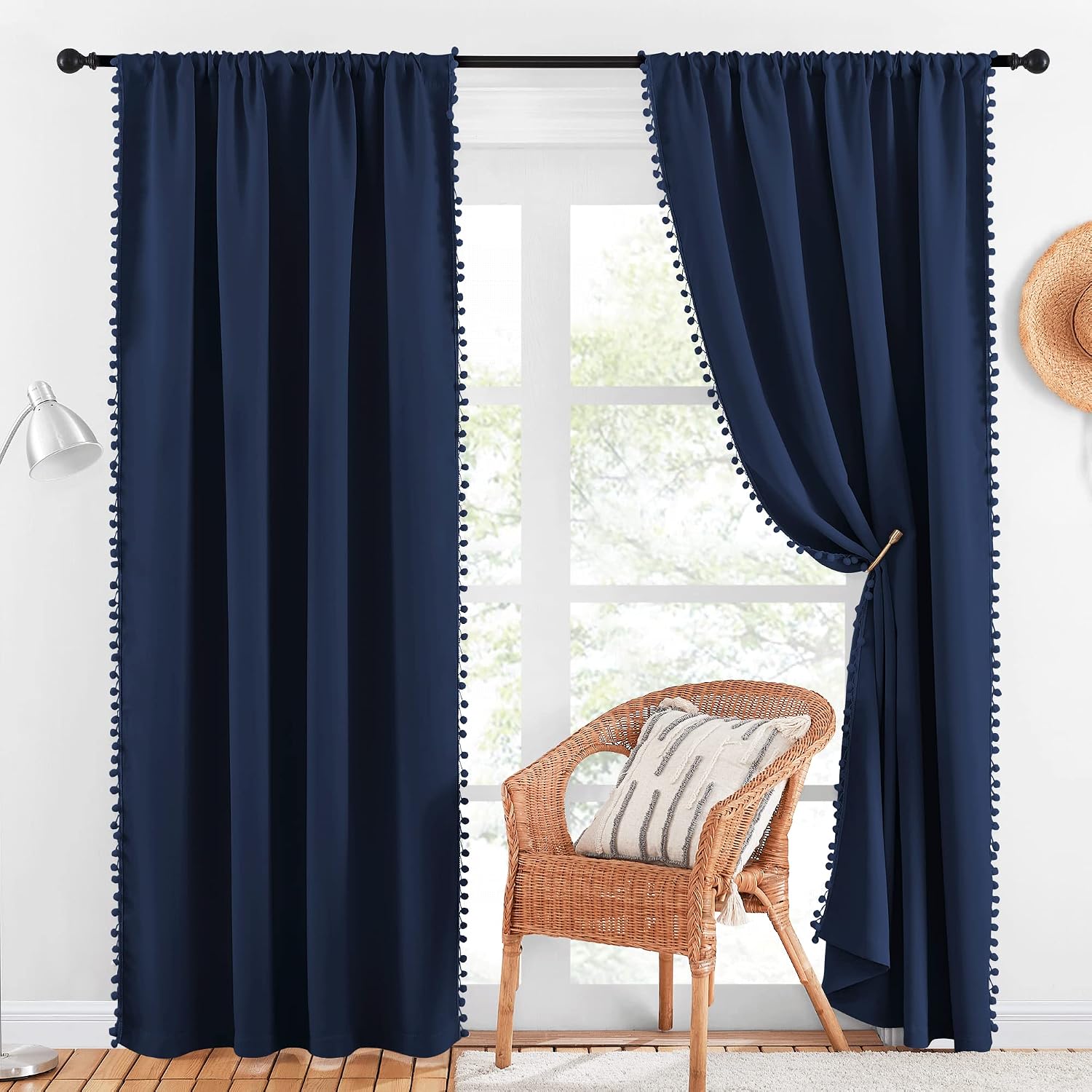 NICETOWN Navy Blue Blackout Curtains with Pompoms, Farmhouse Solid Privacy Window Curtains & Drapes Rod Pocket Curtain Shades for Living…