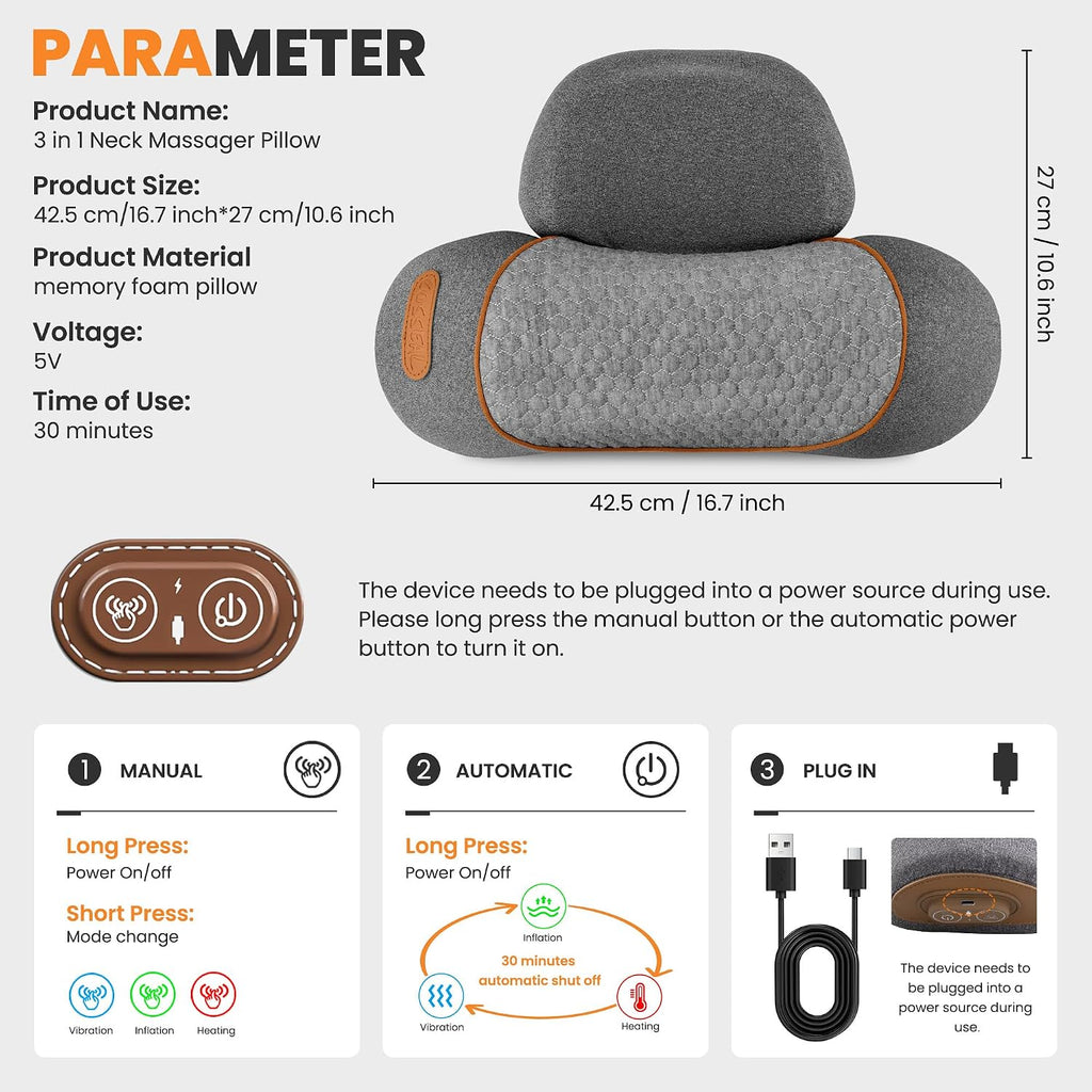 3-in-1 Neck Massage Pillow—with Heat, Massage, and Traction Stretching, Deep Tissue Massage Relieves Shoulder and Neck Muscle Pain and…