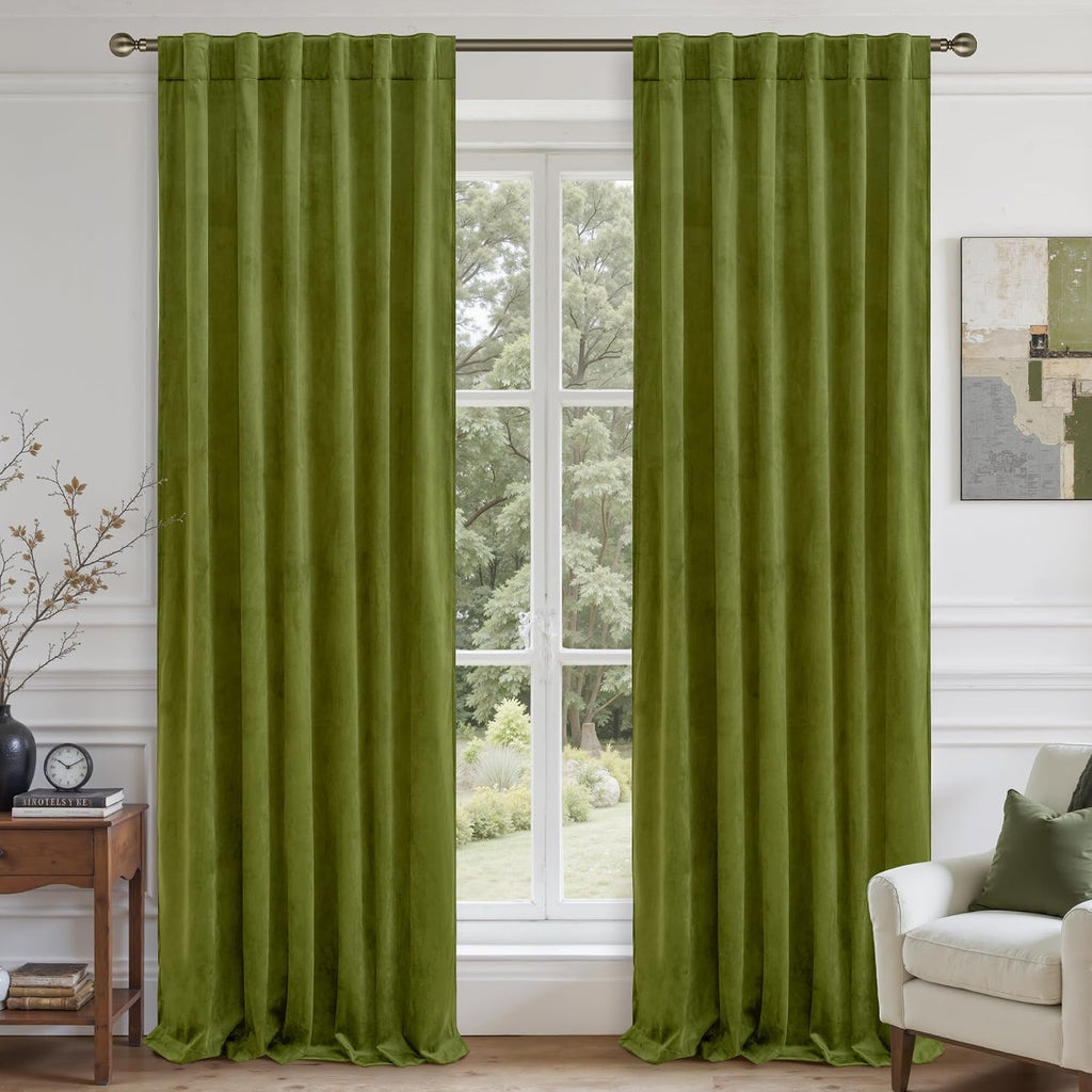 Lamit Moss Green Velvet Curtains for Living Room, 120 Inches Thermal Insulated Room Darkening Panels Super Soft Back Tab and Rod Pocket Win…