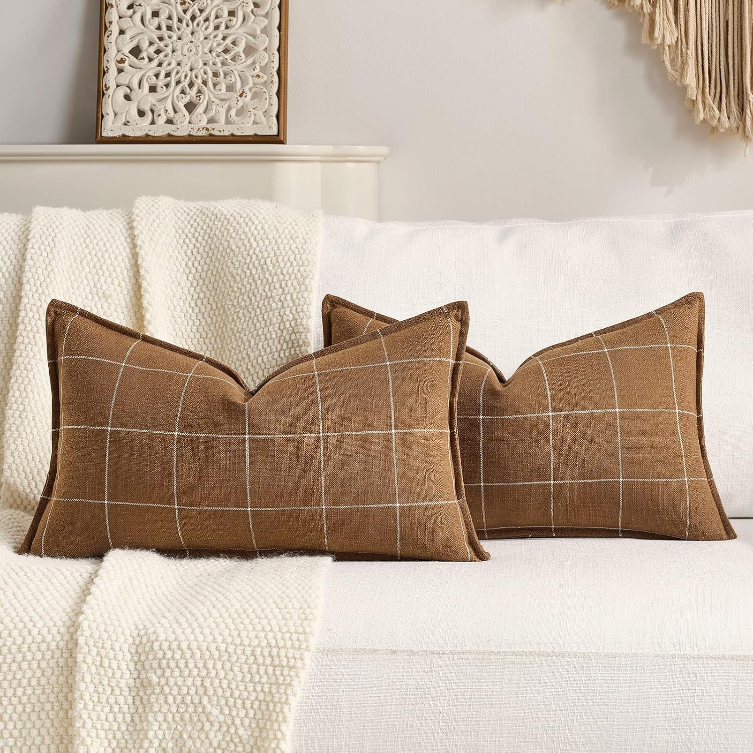 Brown Lumbar Plaid Throw Pillow Covers 12x20 Set of 2, Vintage Boho Decorative Chocolate Brown Plaid 12 x 20 Pillow Covers, Rustic…