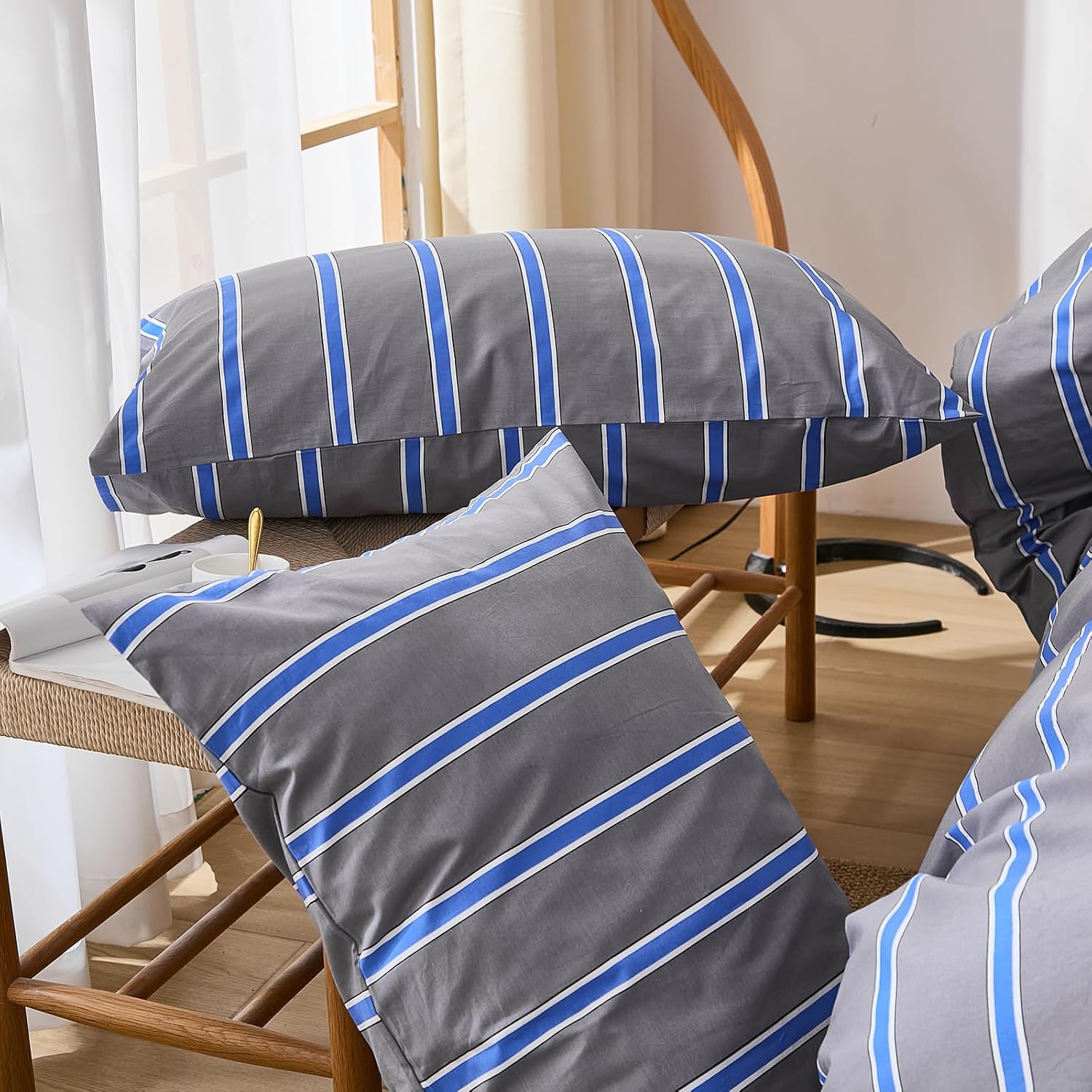 Merryword 100% Cotton Pillow Cases, Standard Size Pillowcases, Blue and Gray Striped Pillowcases, Soft Breathable Engineered Stripes Pillow…