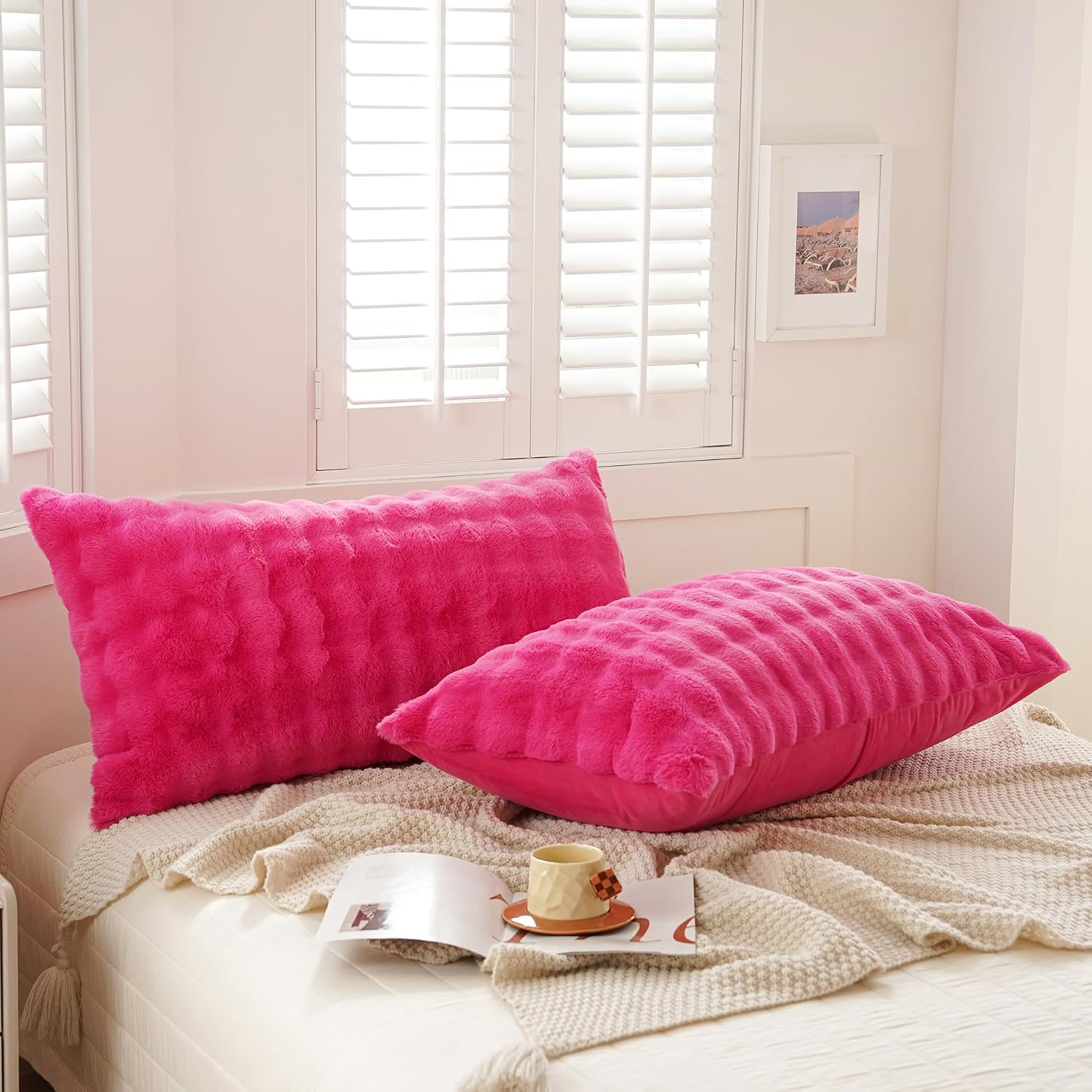 Uhamho Set of 2 Faux Fur Pillowcases, Luxury Bubble Waffle Carved Plush Standard Size Pillow Shams Soft and Furry, Zipper Closure (Hot Pink…