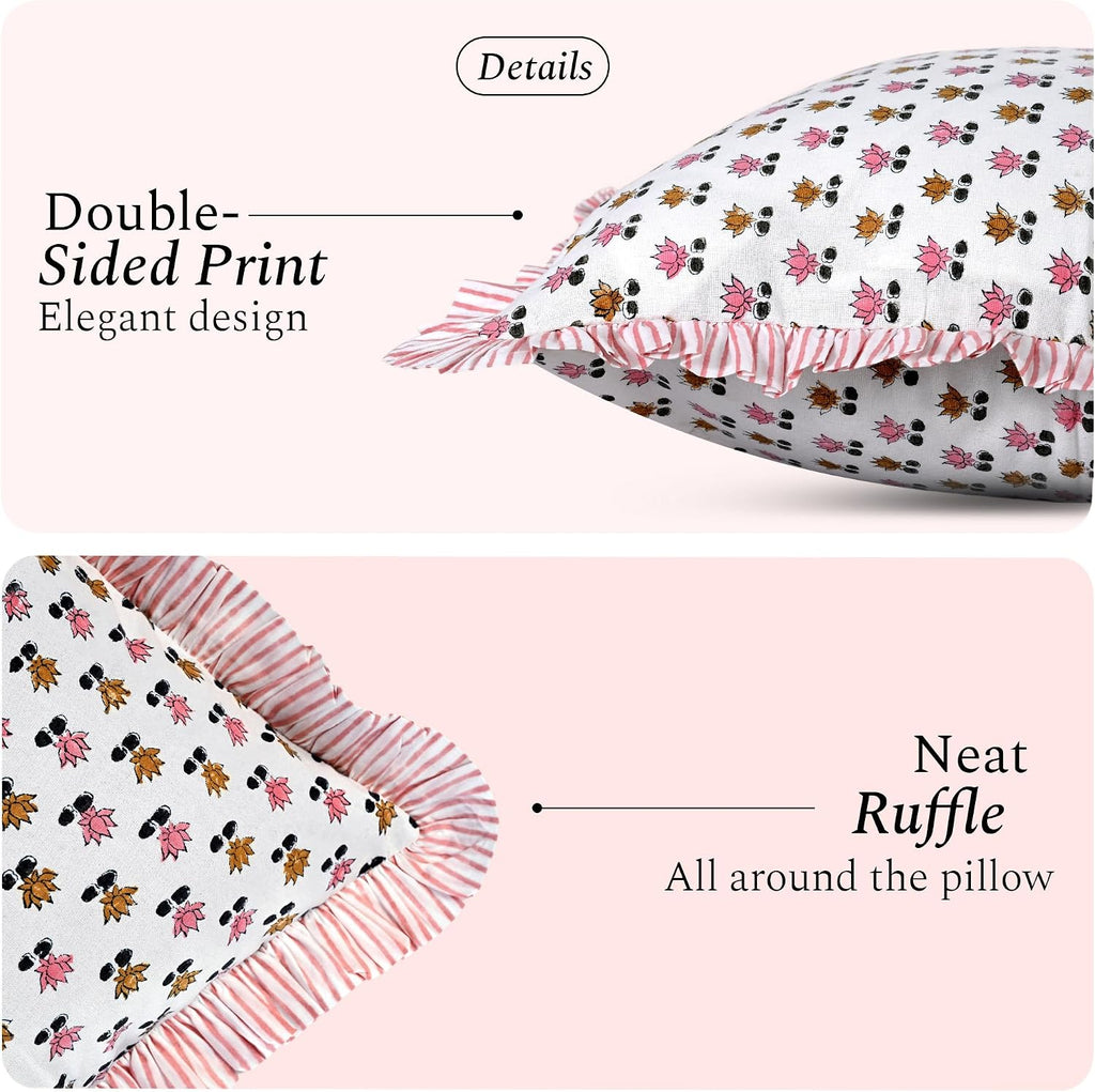 Cottonprintclub CPC Hand Block Print Rosette Bloom Ruffle Sham Pillow Cover 20" x 12" inch Hidden Zipper Decorative Pillowcase for Couch, B…