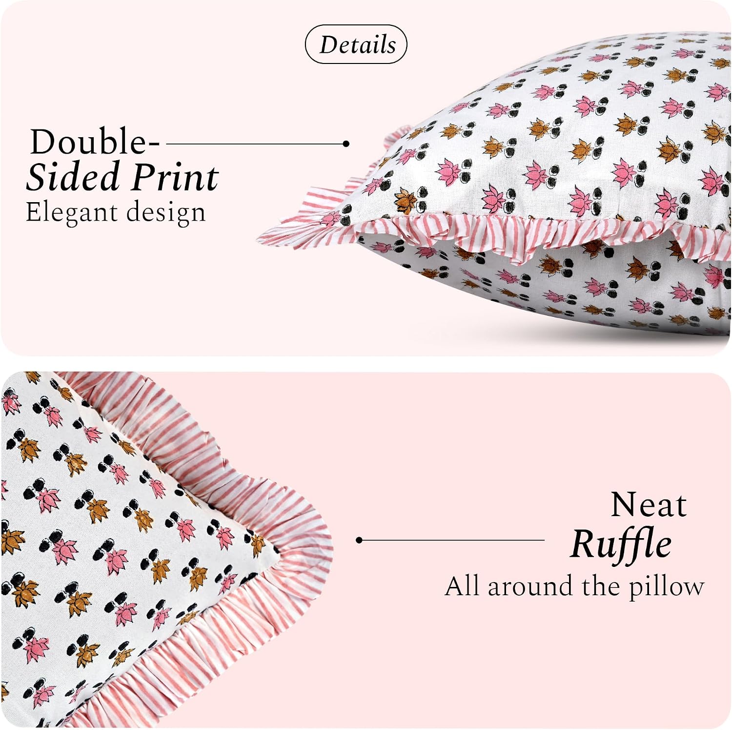 Cottonprintclub CPC Hand Block Print Rosette Bloom Ruffle Sham Pillow Cover 20" x 12" inch Hidden Zipper Decorative Pillowcase for Couch, B…