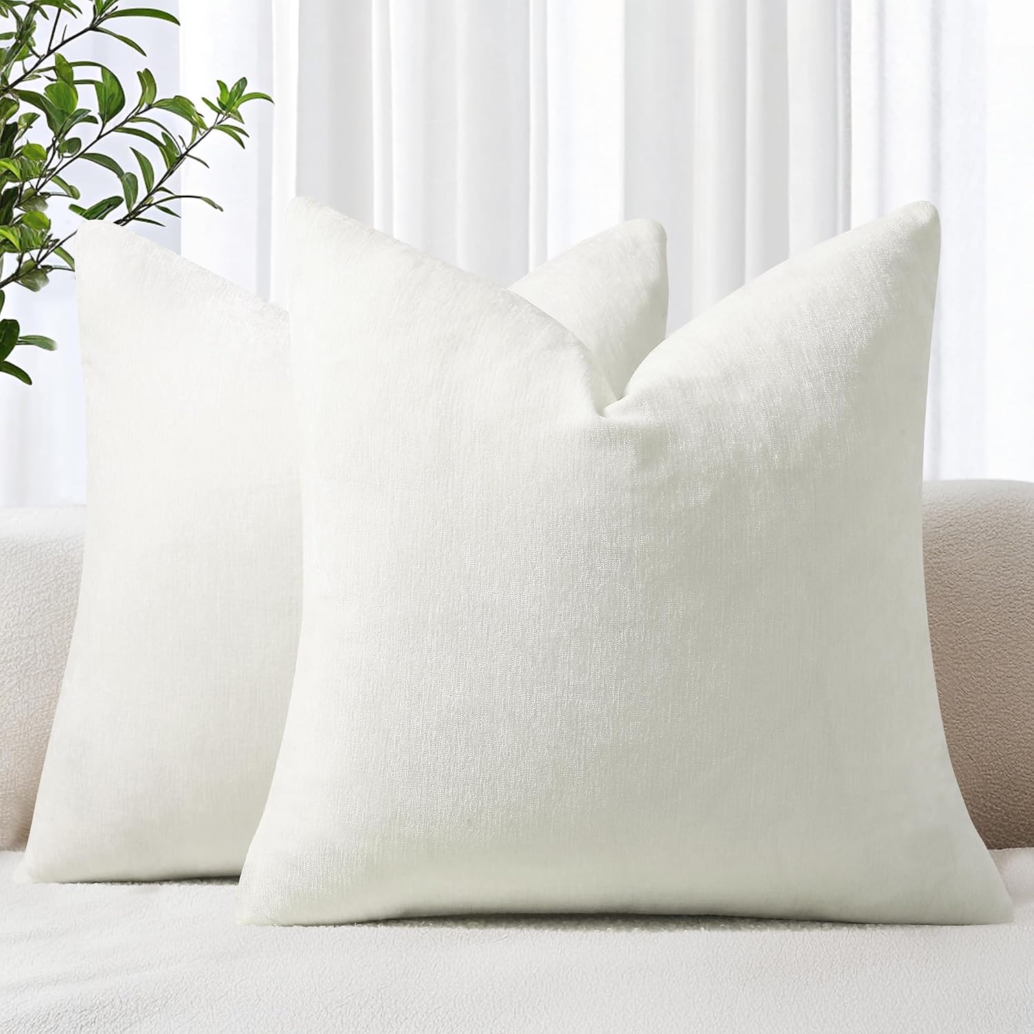 decorUhome Chenille Cream White Throw Pillow Covers 24x24 Inch Set of 2, Decorative Soft Couch Pillow Covers Solid Dyed Accent Farmhouse Ne…