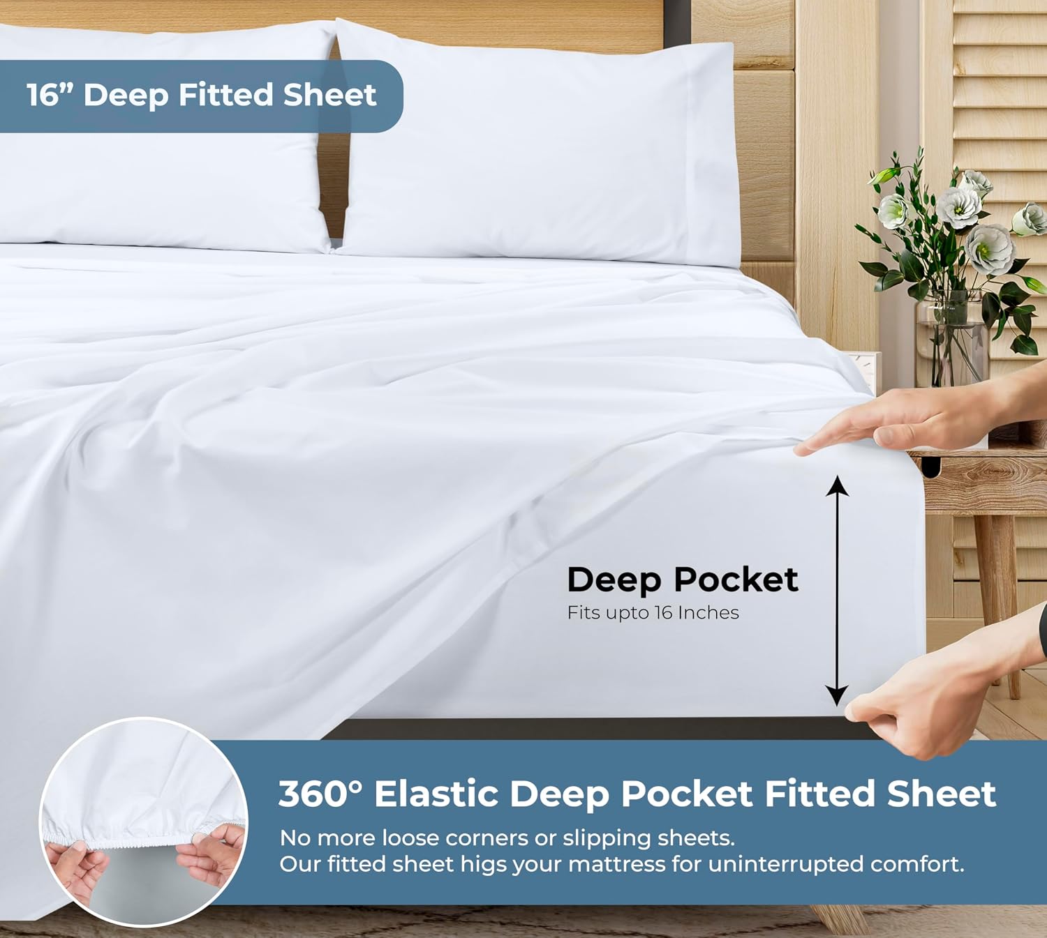 Royalelinens ROYALE LINENS 100% Organic Cotton Queen Sheet Set - Percale Weave - 4 Pieces Set - 1 Flat, 1 Deep Pocket Fitted Sheet and 2 Pi…