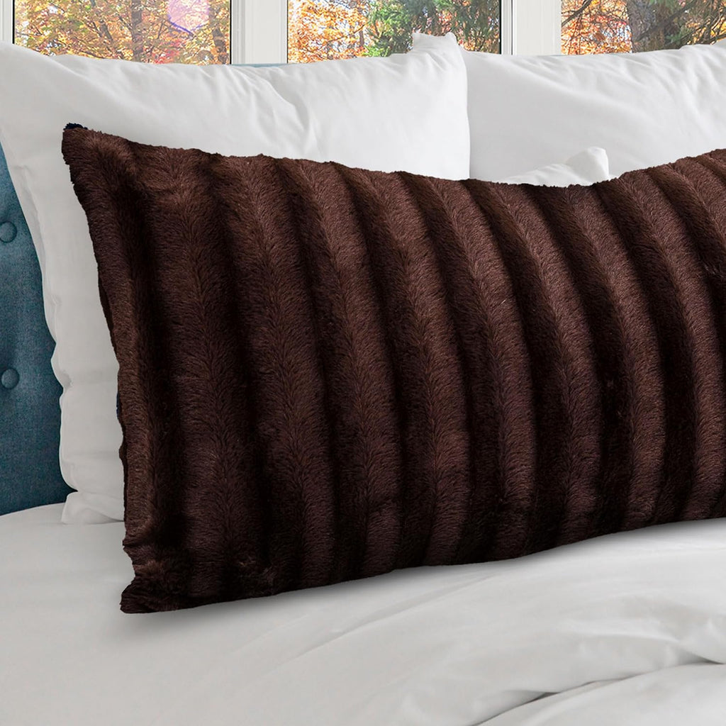 Cheer Collection Faux Fur Long Body Pillow - Accent Throw Pillow for Bed and Couch - Decorative Lumbar Pillow with Insert, Chocolate…
