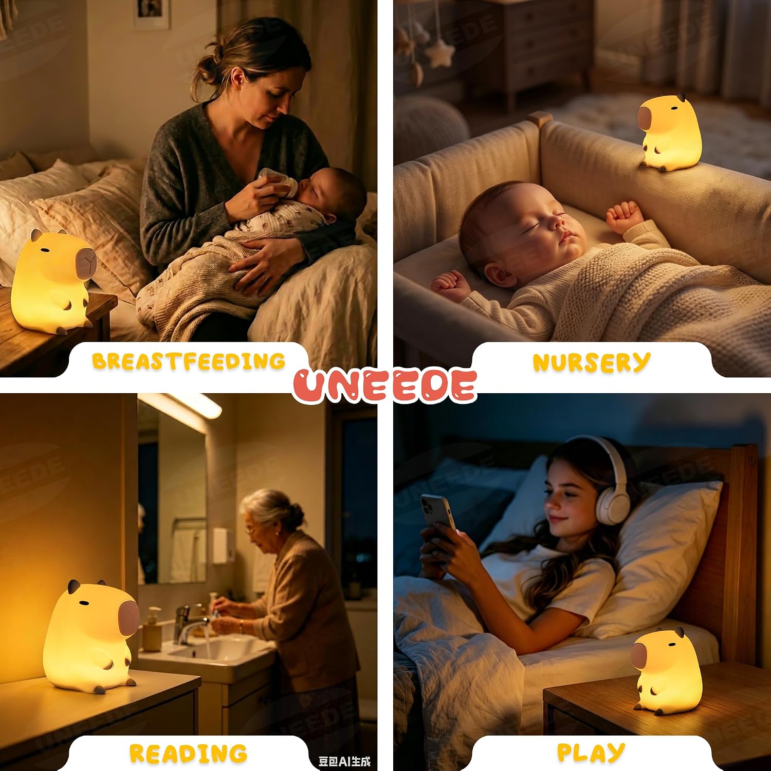 UNEEDE Cute Capybara Night Light, Novelty Animal Silicone Nursery Night Light Rechargeable Table Bedside Lamp with Touch Sensor for…