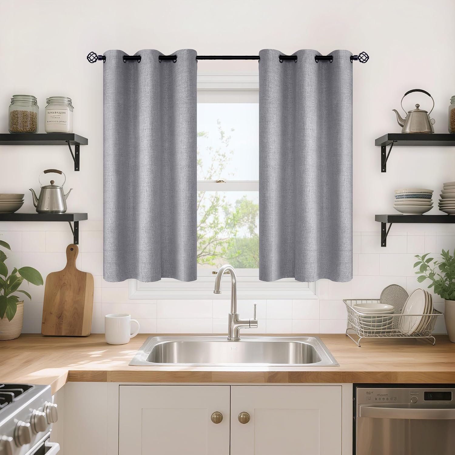 YoungsTex Grey Linen Blackout Curtains 40 Inch Length for Bedroom, Full Room Darkening Short Drapes with Grommet Thermal Insulated for Kitc…