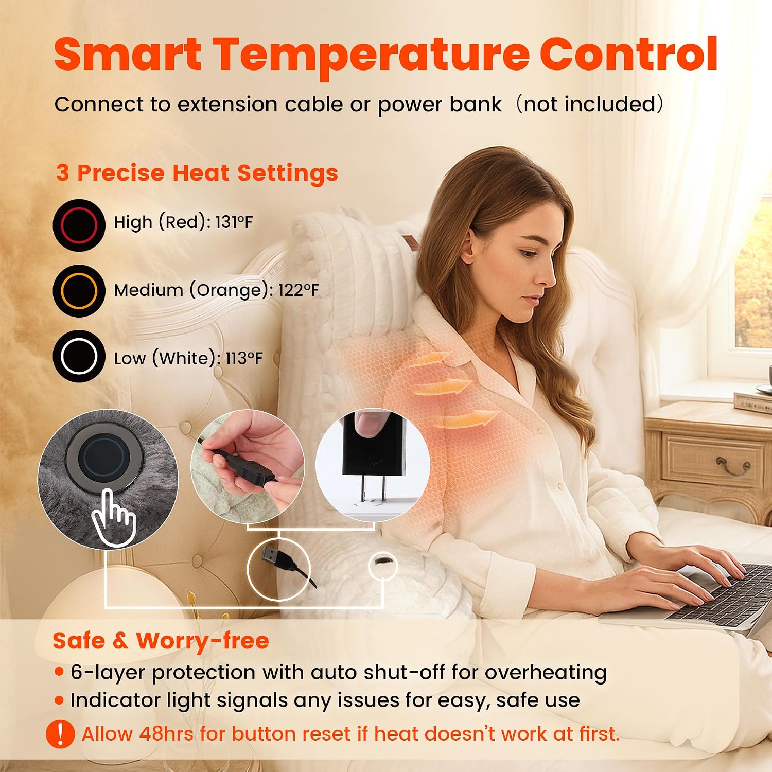 Amélie Home Heated Faux Fur Reading Pillow 3 Temperature Backrest for Sitting in Bed Support Cushion, USB-Powered(No Power Bank Included)…