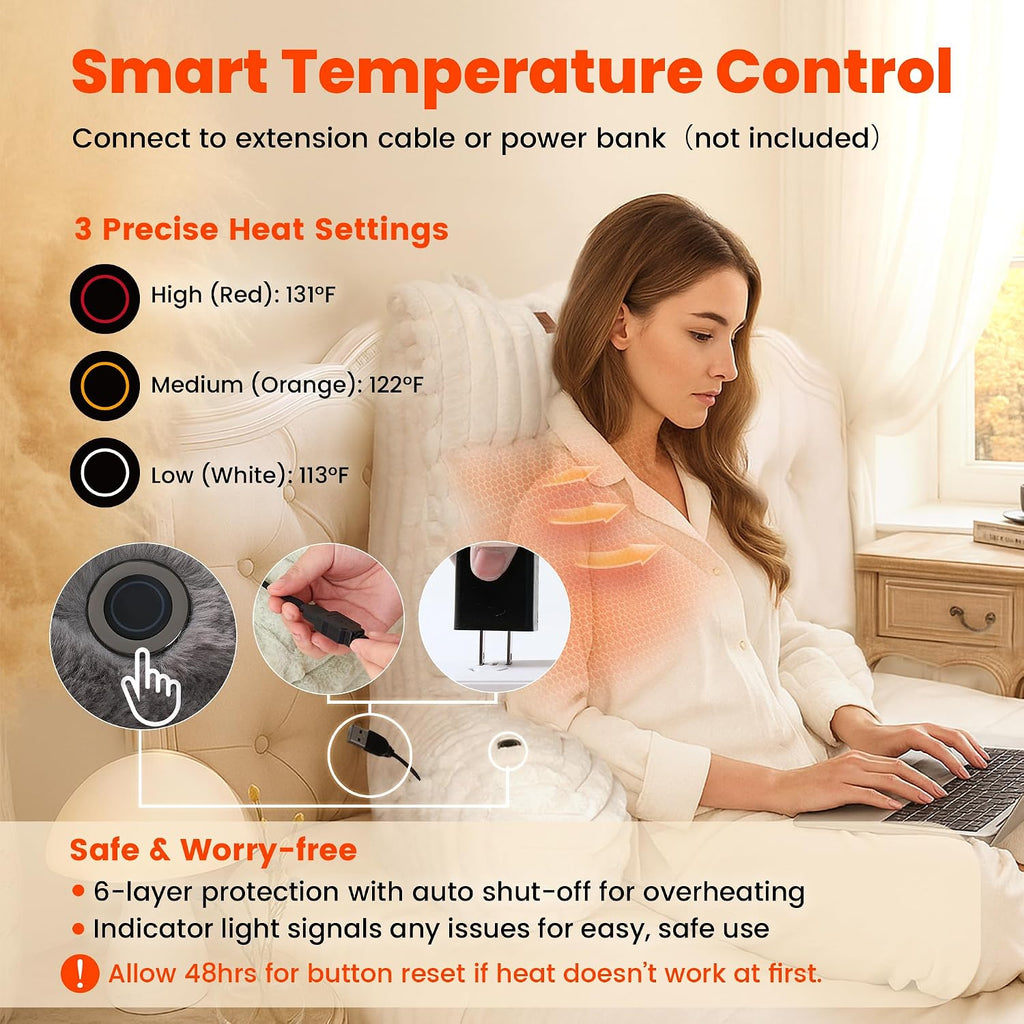 Amélie Home Heated Faux Fur Reading Pillow 3 Temperature Backrest for Sitting in Bed Support Cushion, USB-Powered(No Power Bank Included)…