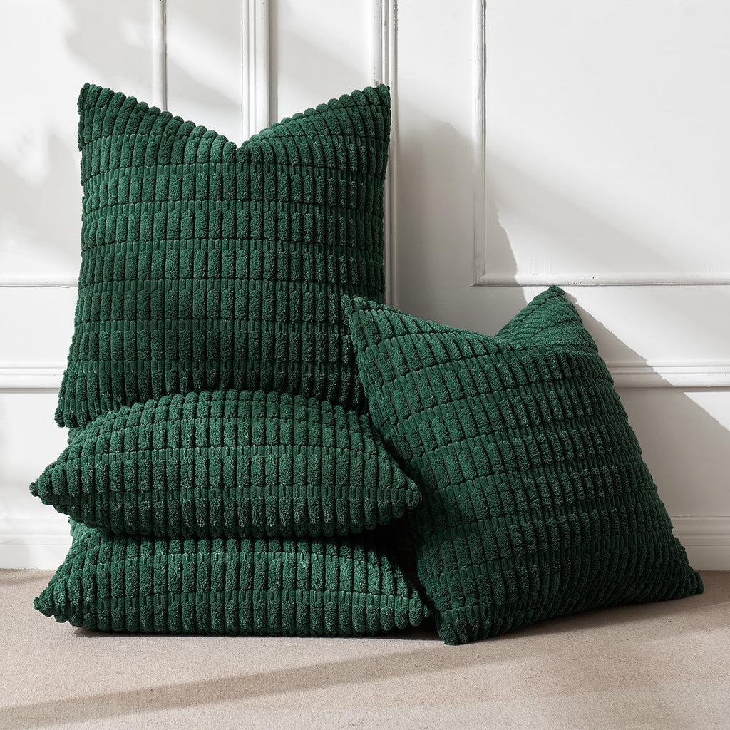 Miulee Pack of 4 Christmas Dark Green Corduroy Decorative Throw Pillow Covers 18x18 Inch Soft Boho Striped Pillow Covers Modern Farmhouse H…