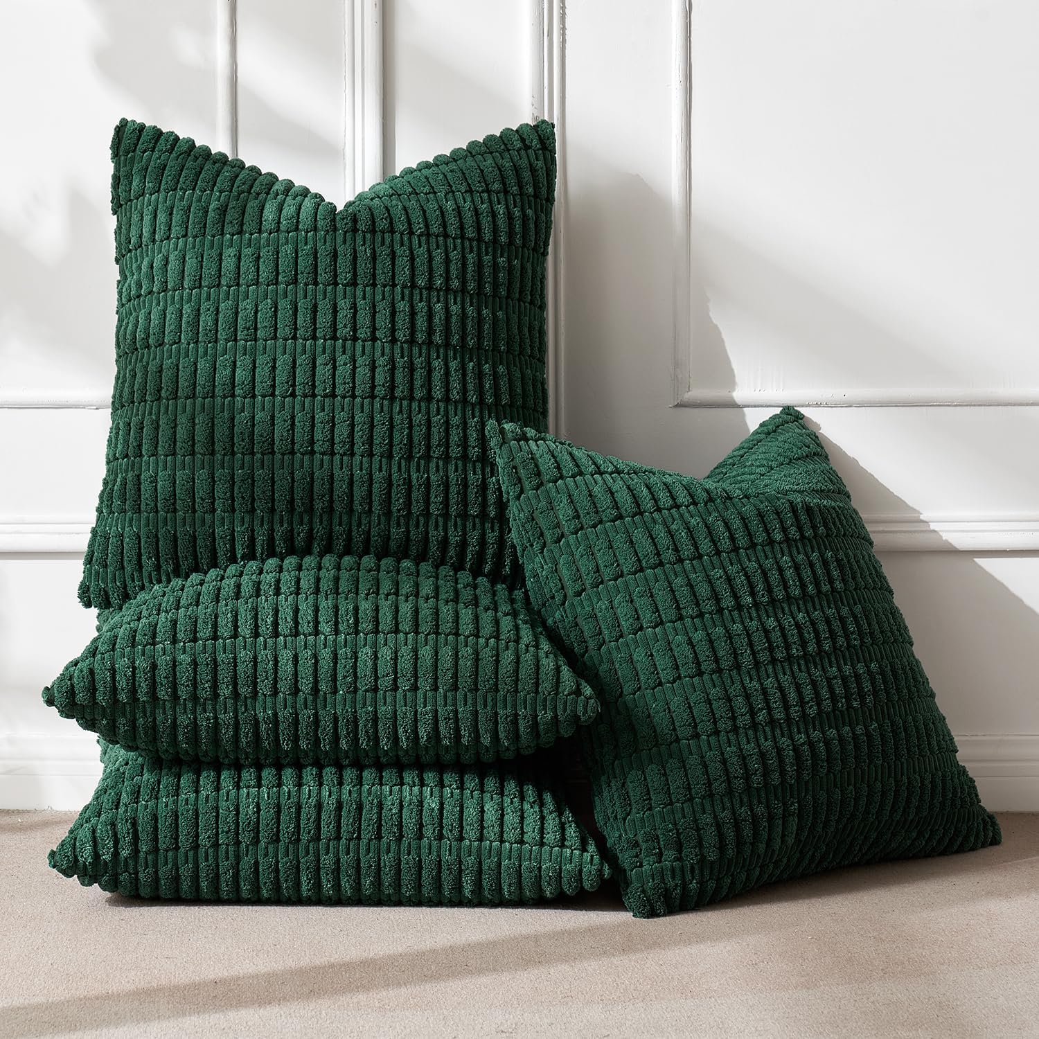 Miulee Pack of 4 Christmas Dark Green Corduroy Decorative Throw Pillow Covers 18x18 Inch Soft Boho Striped Pillow Covers Modern Farmhouse H…