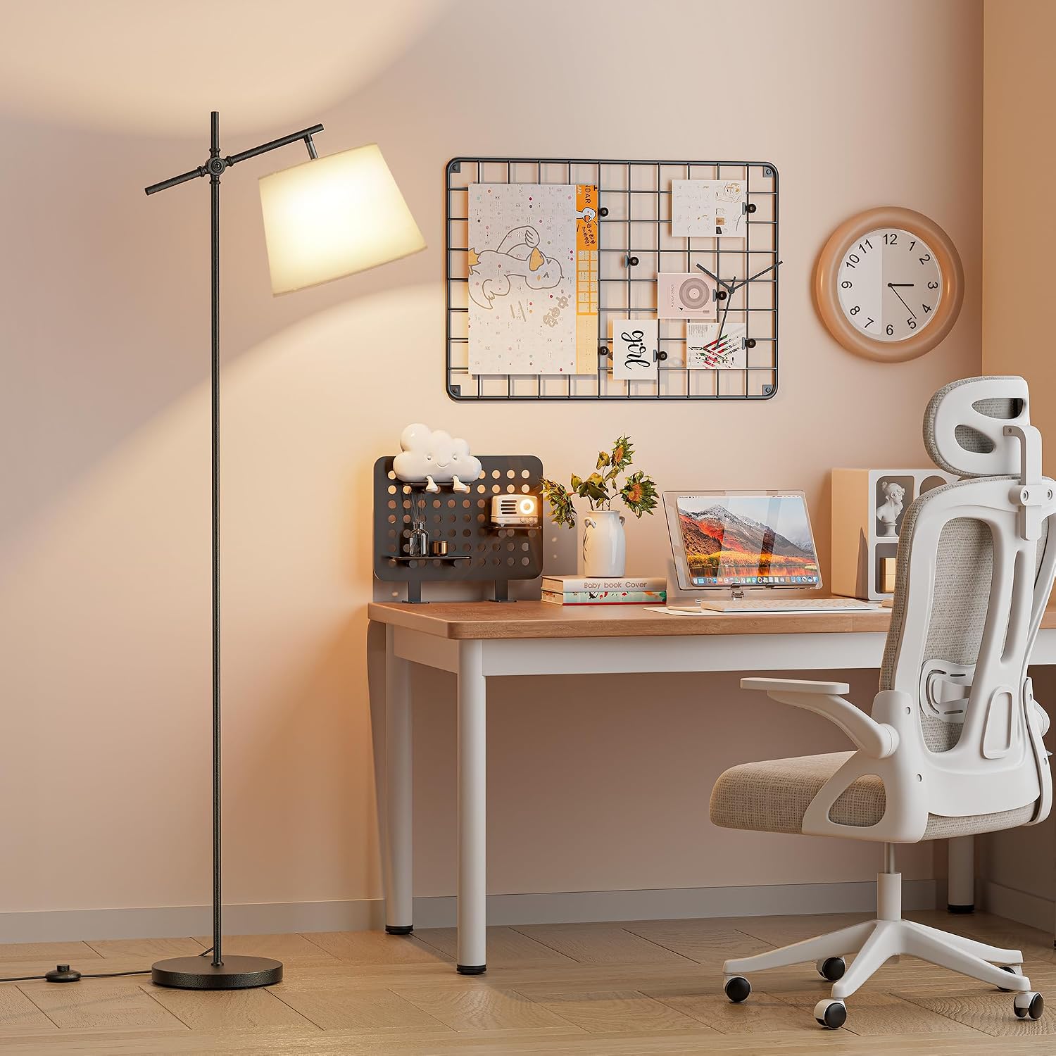 SIBRILLE Floor Lamp with Linen Shade, Dimmable Tall Standing Lamp with Remote Control & 3 Color Temperatures Bulb, Modern Swing Arm Floor…