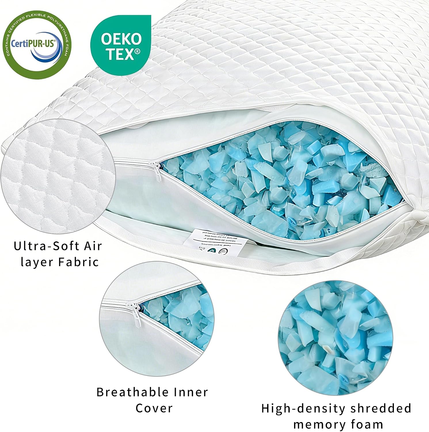 Cooling Pillow for Sleeping King Size Set of 2, Shredded Memory Foam Pillows Adjustable Firm Bed Pillow with Zipper, Cool Pillow for Hot…