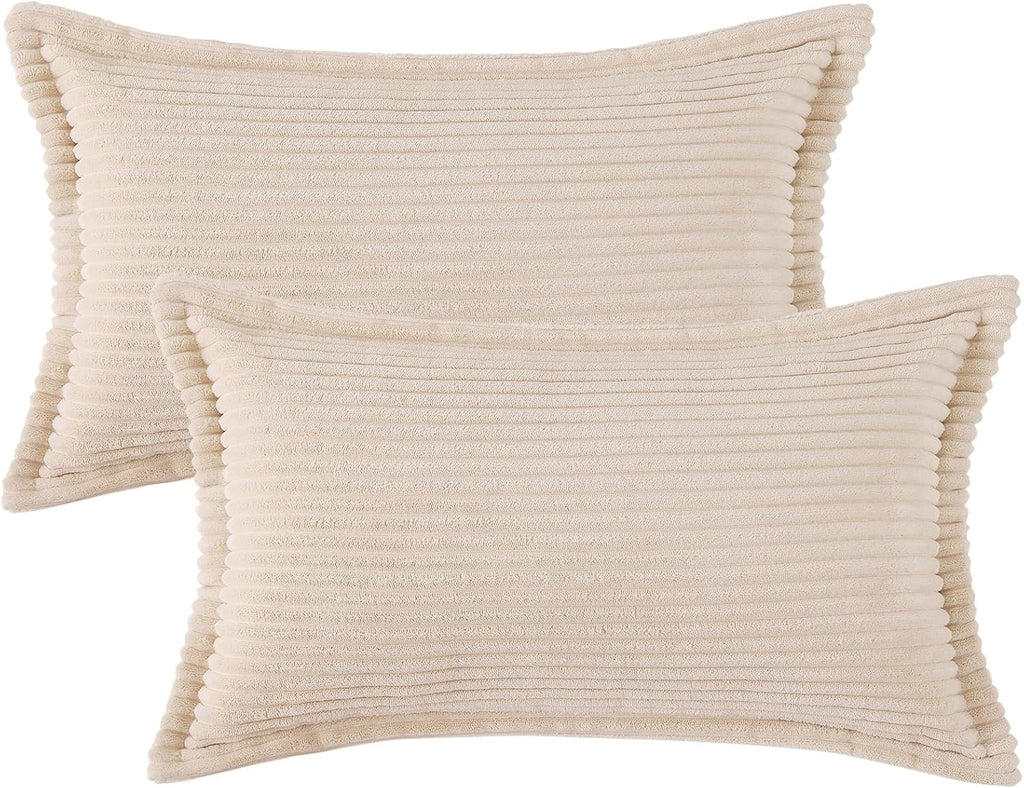 Mecatny Corduroy Summer Throw Pillow Covers 12x20 Set of 2, Neutral Decorative Soft Boho Lumbar Couch Pillow Covers with Broadside for…