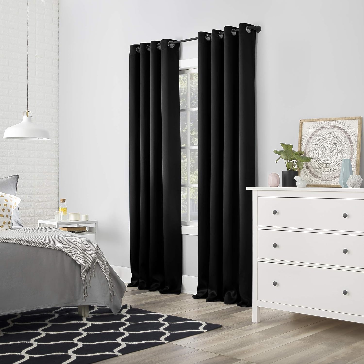 Sun Zero Nordic 2-pack Theater Grade Extreme 100% Blackout Grommet Curtain Panel Pair, 52" x 96", Black