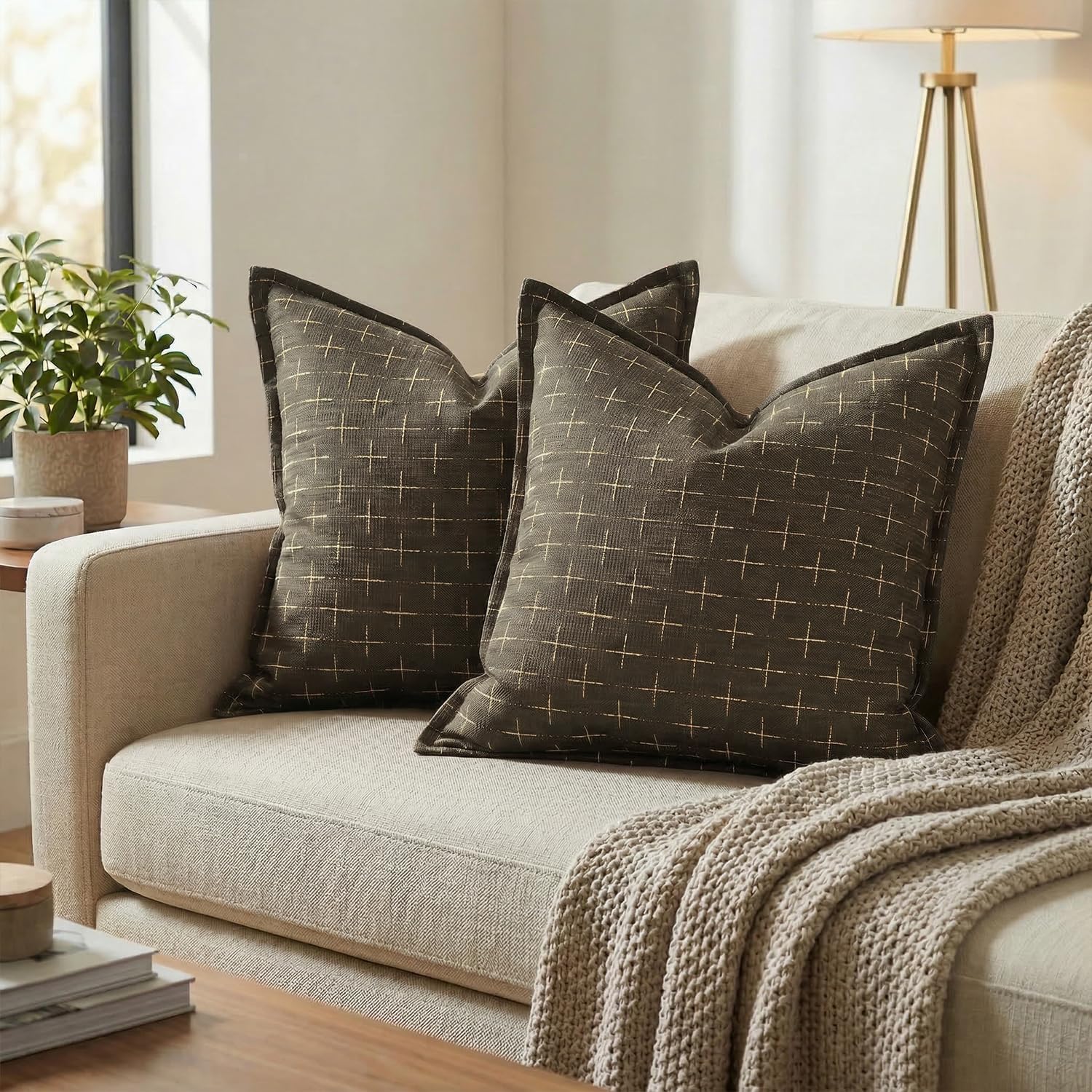 AVOINcolorlife AVOIN colorlife Pack of 2 Decorative Throw Pillow Covers 20x20 Inch, Flange Edges Woven Textured Cushion Case Home Decor for…