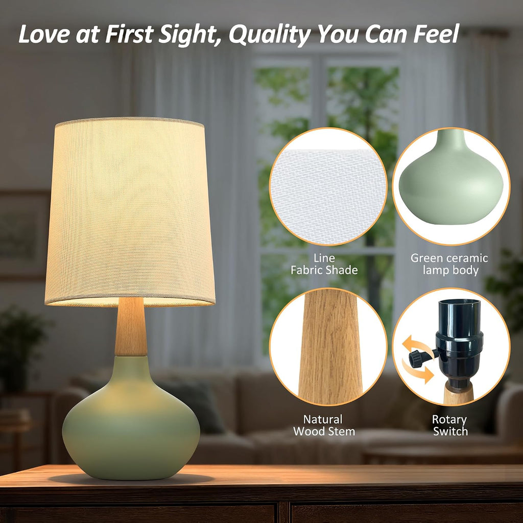 14" Ceramic Table Lamp Set of 2, Small Bedside Lamp with Natural Wood Stem & Linen Shade, Modern Farmhouse Night Lamp for Bedroom Living…