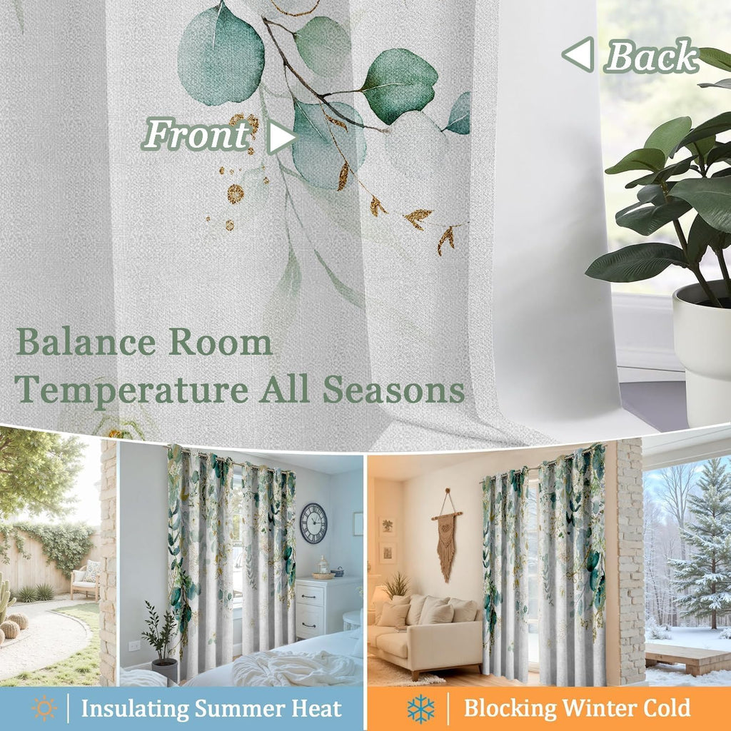 Eucalyptus Green Curtains 84 inch Long 2 Panels 100% Blackout Curtains Spring Botanical Floral Pattern Grommet Thermal Insulated Linen…