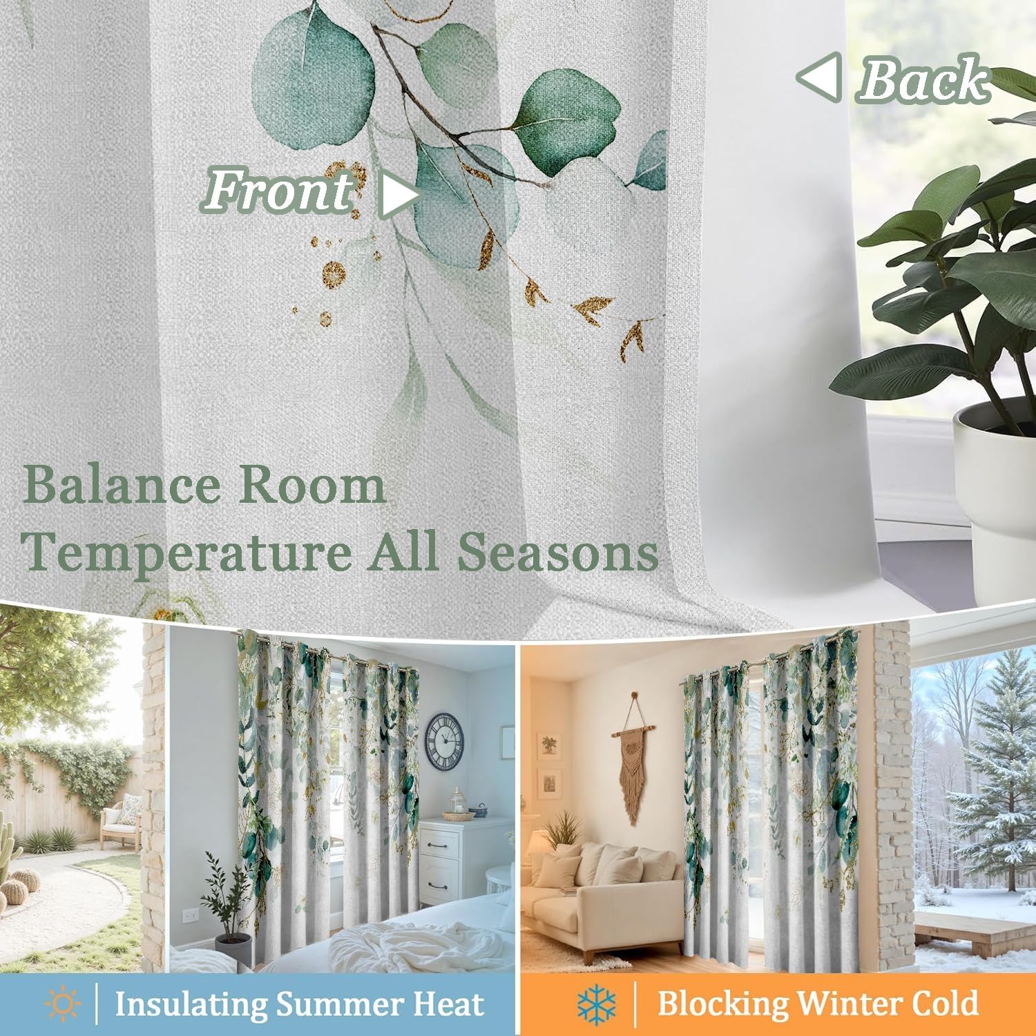 Eucalyptus Green Curtains 84 inch Long 2 Panels 100% Blackout Curtains Spring Botanical Floral Pattern Grommet Thermal Insulated Linen…