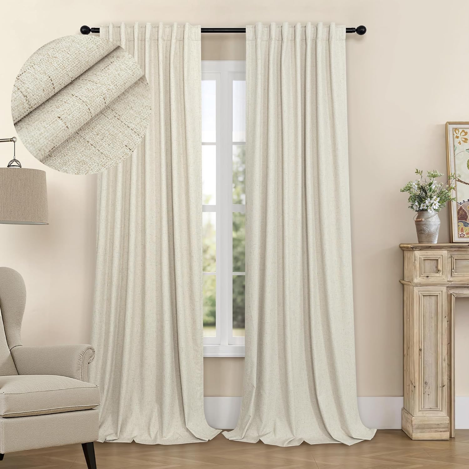 Pitalk 100% Blackout Neutral Curtains for Living Room 96 Inches Long 8 ft Faux Linen Rustic Country Drop Cloth Drape Dark Out Curtain for B…